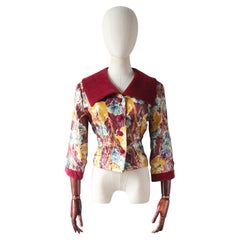 Vintage 1950's burgundy velvet floral lamé silk brocade jacket 1950's UK !2 US 8