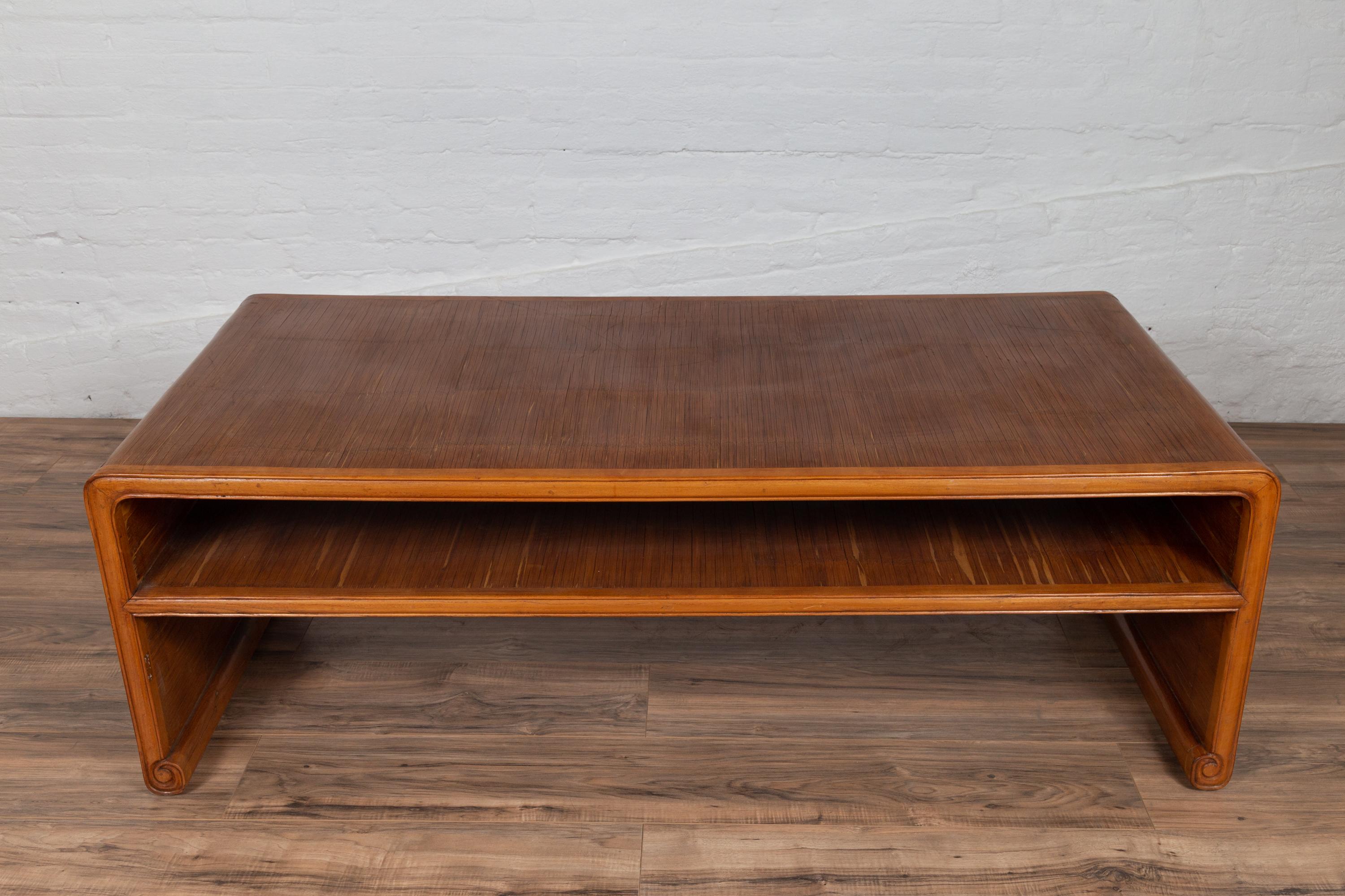 Wood Vintage 1950s Burmese Waterfall Table with Opium Mat Top and Scrolling Feet