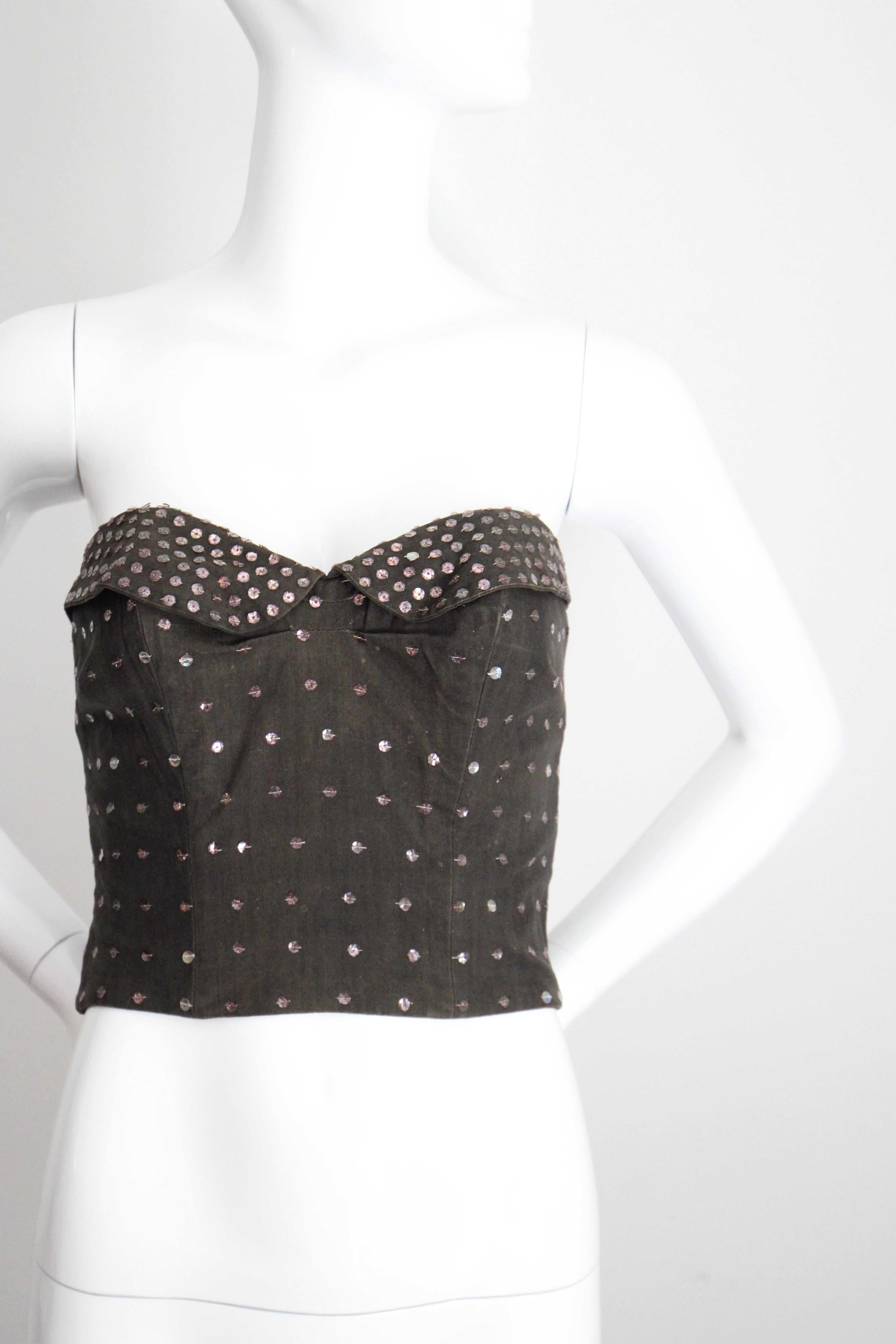 Gray Vintage 1950's Bustier Charcoal Cotton Pink Sequin Bustier Boned UK 12 US 8 For Sale