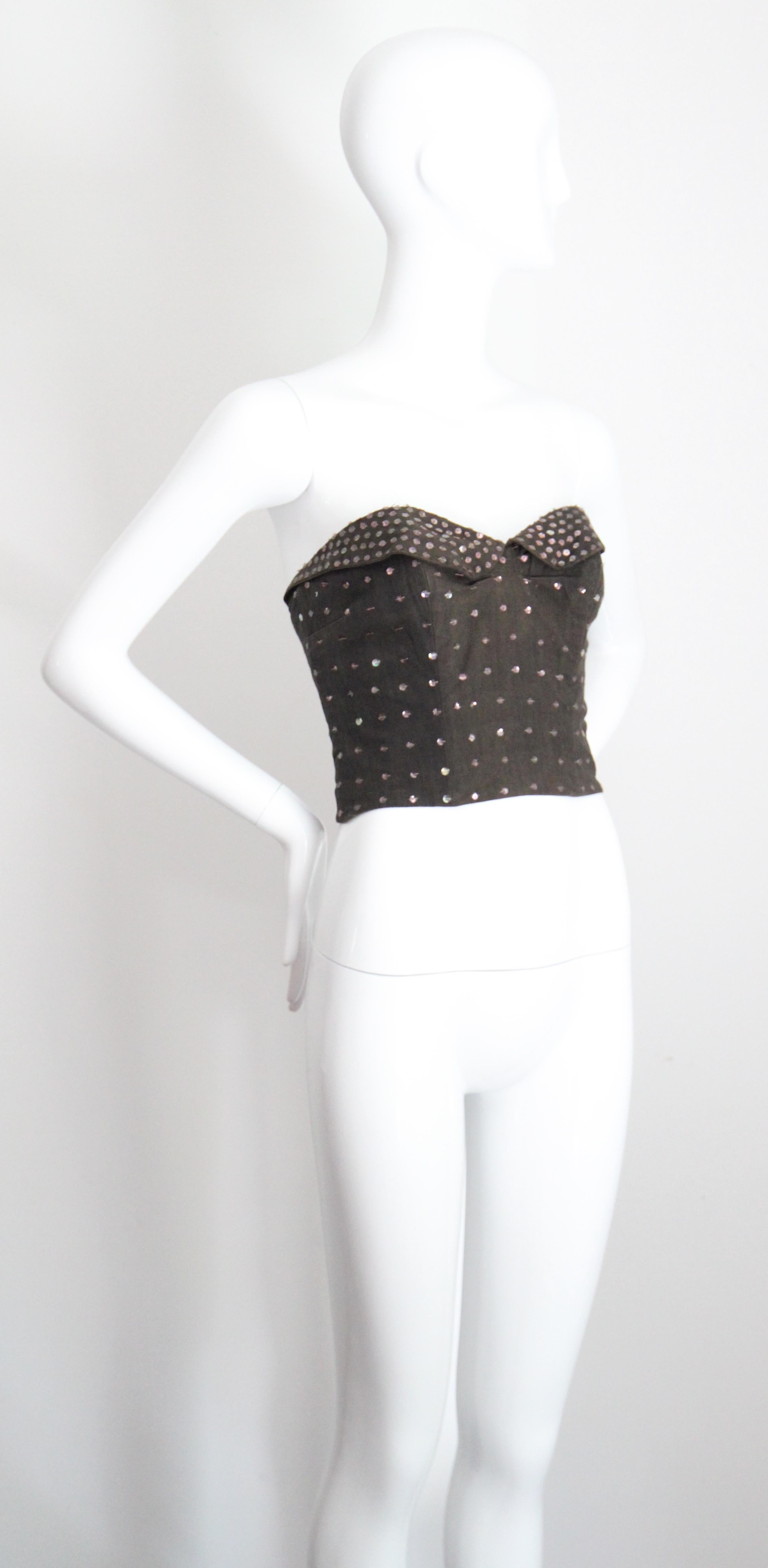 Vintage 1950's Bustier Charcoal Cotton Pink Sequin Bustier Boned UK 12 US 8 In Fair Condition For Sale In Cheltenham, GB