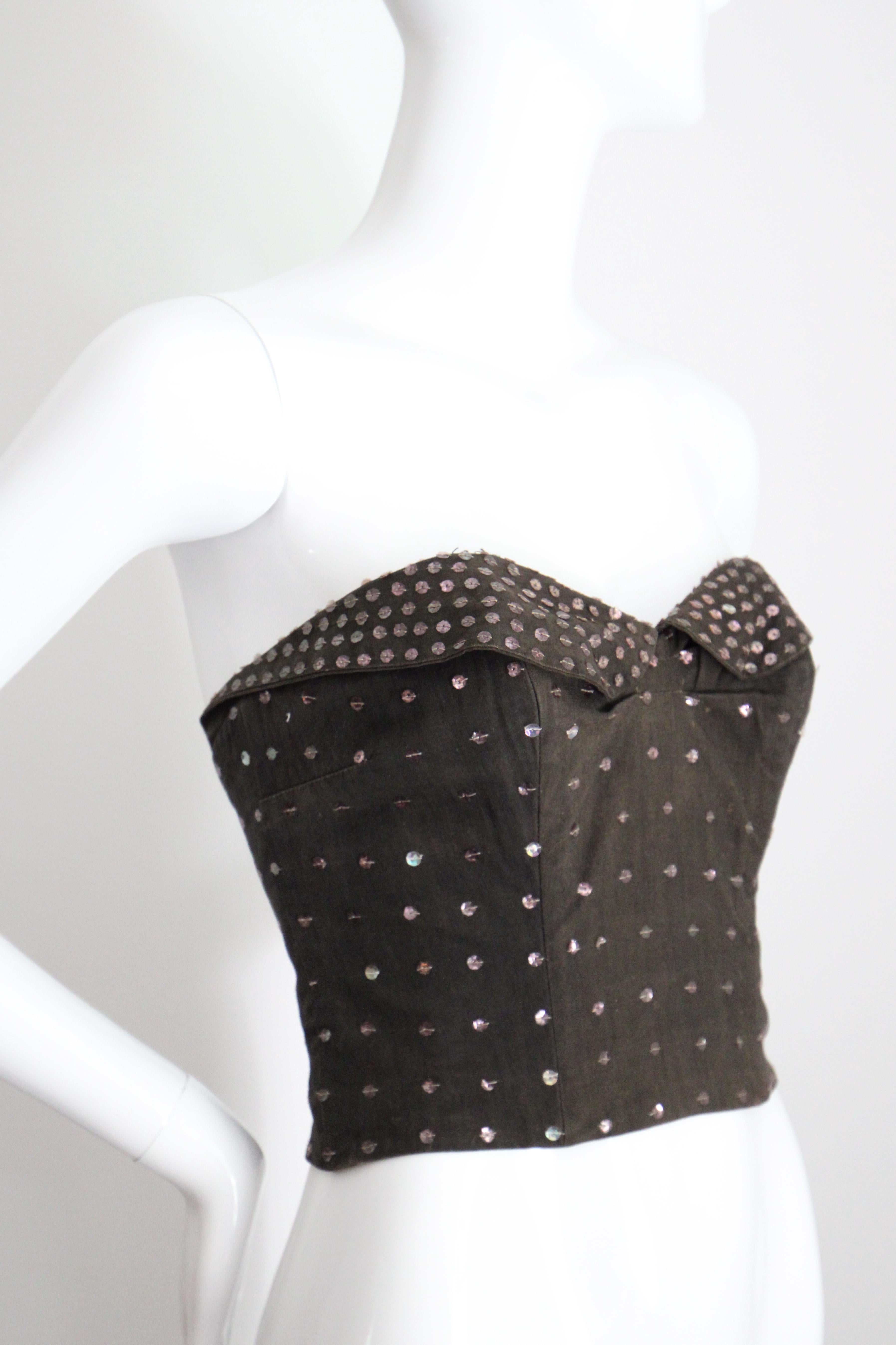 Women's or Men's Vintage 1950's Bustier Charcoal Cotton Pink Sequin Bustier Boned UK 12 US 8 For Sale