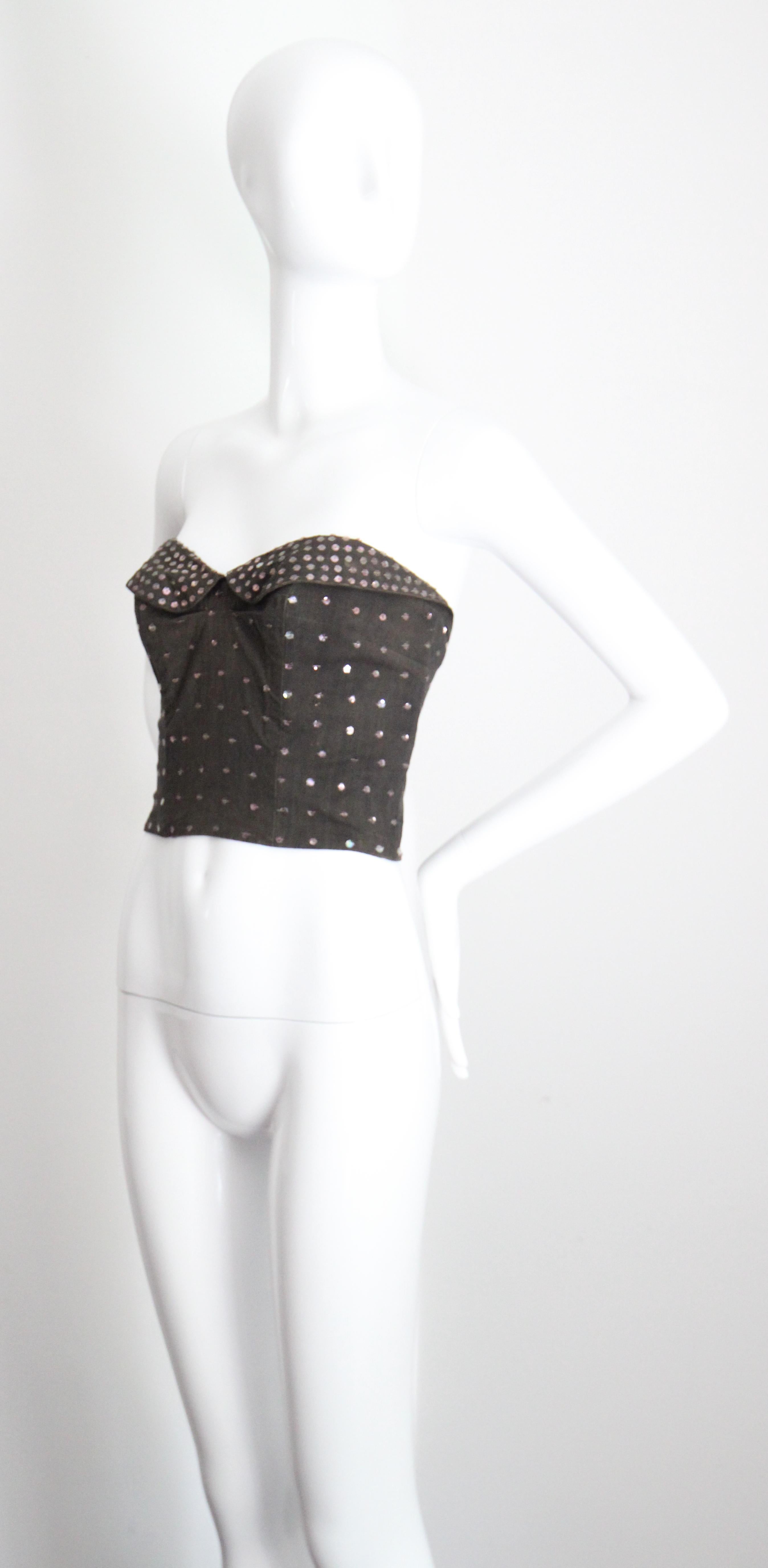 Vintage 1950's Bustier Charcoal Cotton Pink Sequin Bustier Boned UK 12 US 8 For Sale 1