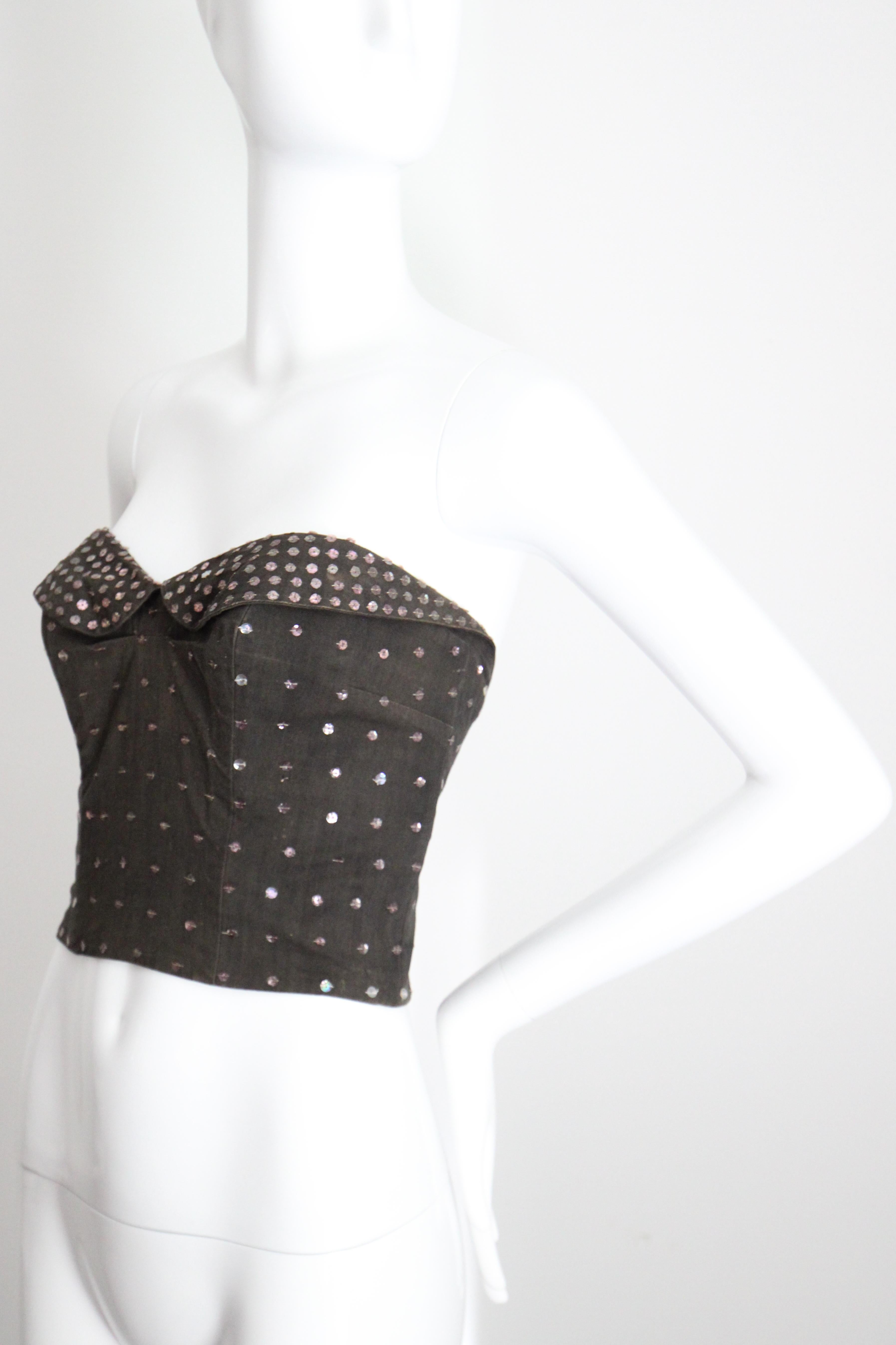 Vintage 1950's Bustier Charcoal Cotton Pink Sequin Bustier Boned UK 12 US 8 For Sale 2