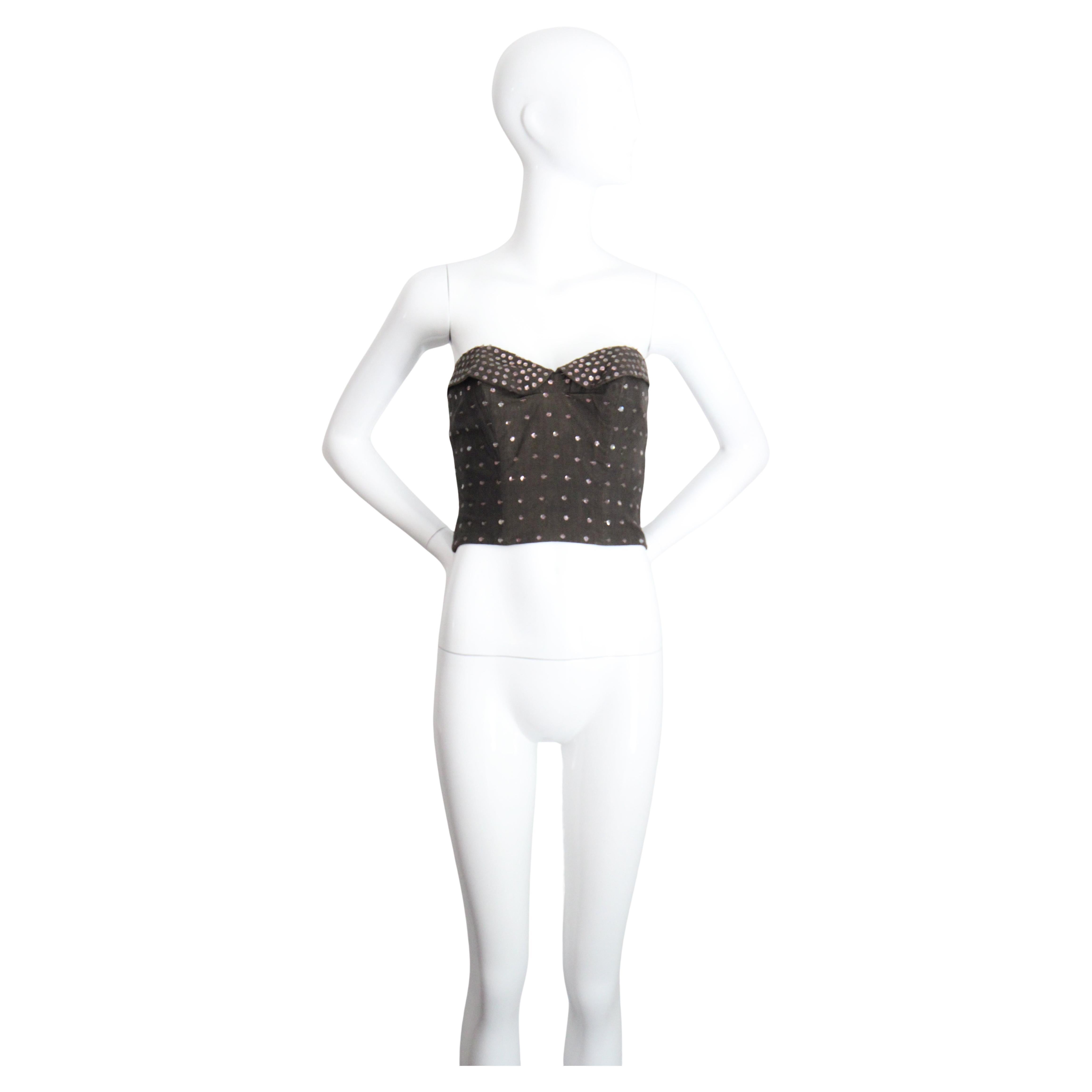Vintage 1950's Bustier Charcoal Cotton Pink Sequin Bustier Boned UK 12 US 8 For Sale