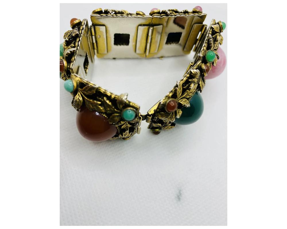 Vintage 1950's Cabochon Glass Leaf Pattern Wide Bracelet For Sale 9