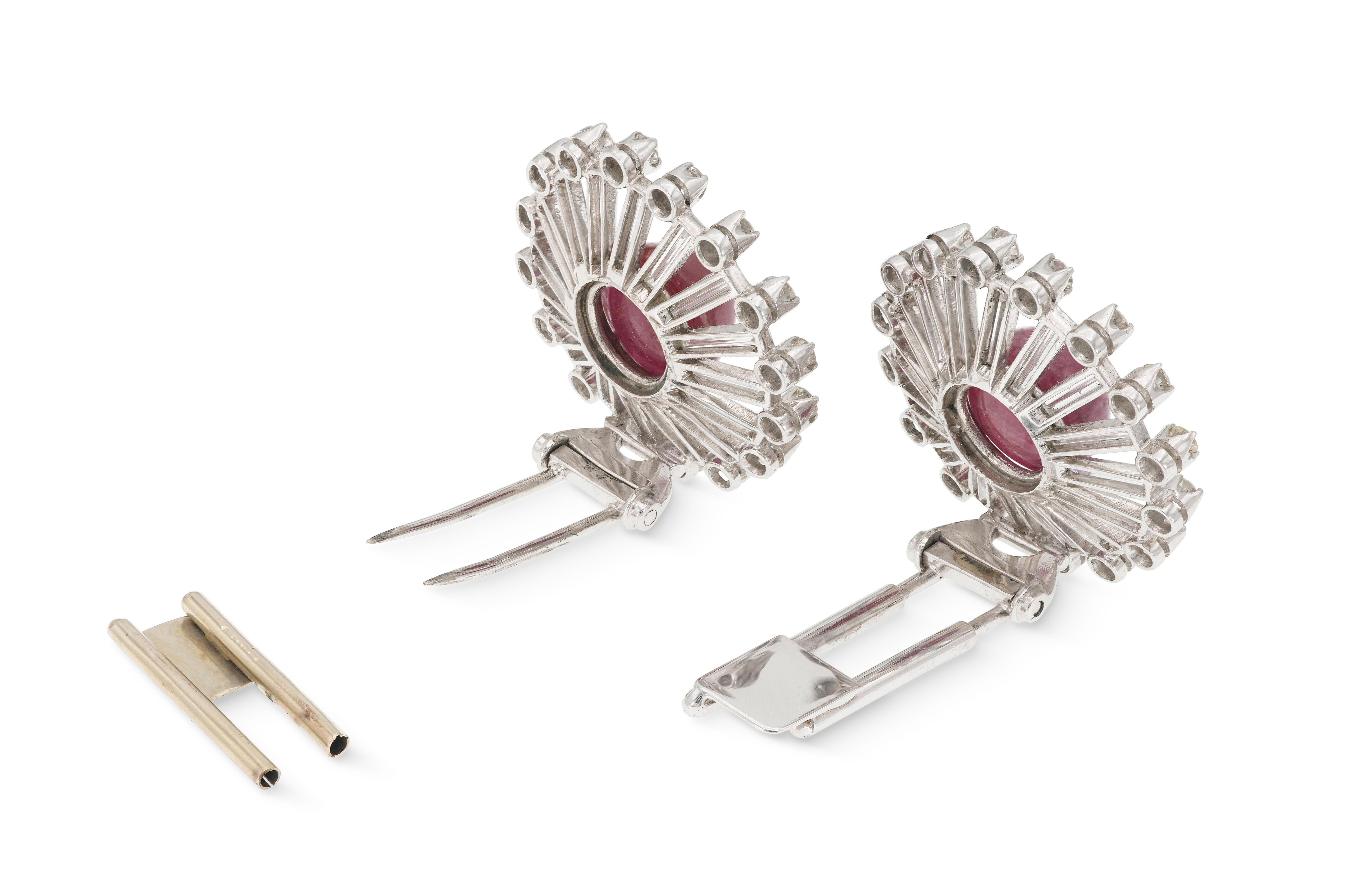 Vintage 1950s Cabochon Ruby & Diamond Earrings / Double Clips For Sale 1