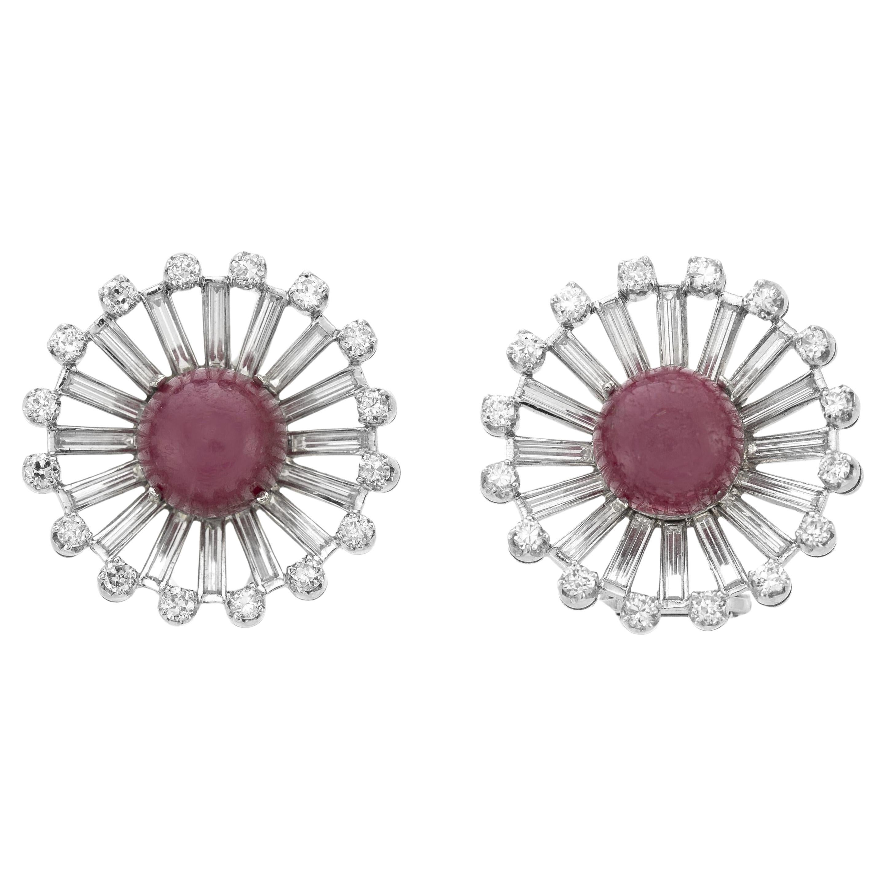 Vintage 1950s Cabochon Ruby & Diamond Earrings / Double Clips For Sale