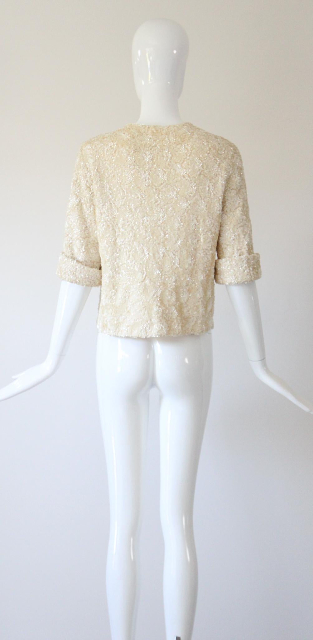 Vintage 1950's Cardigan Sequin Embellished Sweater cream knit Crème UK 12 US 8 en vente 5