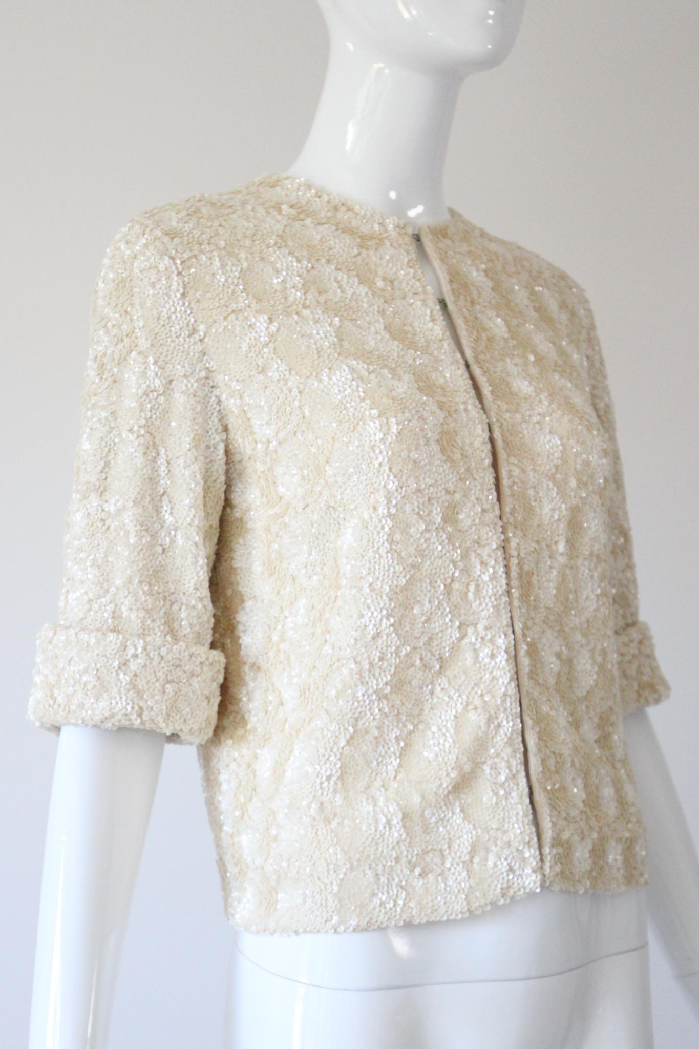 Vintage 1950's Cardigan Sequin Embellished Sweater cream knit Crème UK 12 US 8 en vente 2