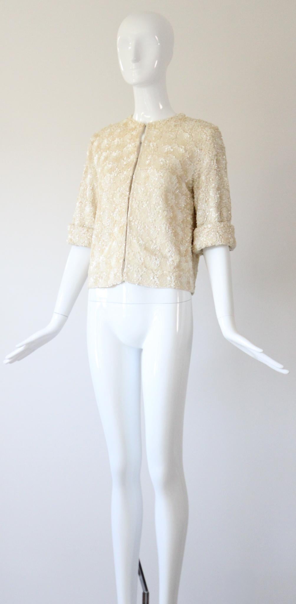 Vintage 1950's Cardigan Sequin Embellished Sweater cream knit Crème UK 12 US 8 en vente 3