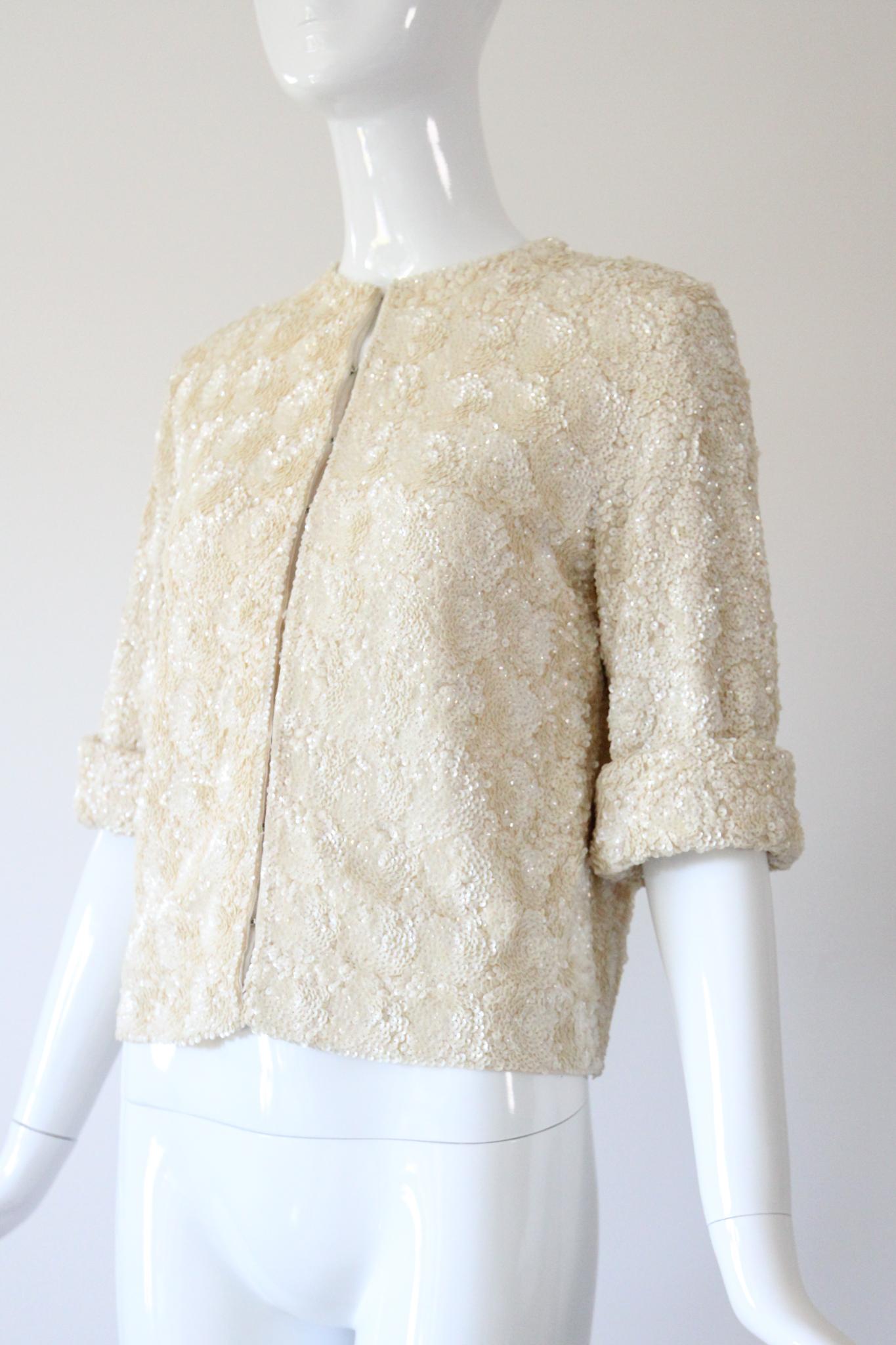 Vintage 1950's Cardigan Sequin Embellished Sweater cream knit Crème UK 12 US 8 en vente 4