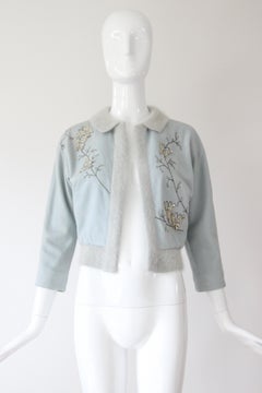 Vintage 1950's Cardigan Sweater Ice Blue Rhinestone Butterfly UK 8-10 US 4-6