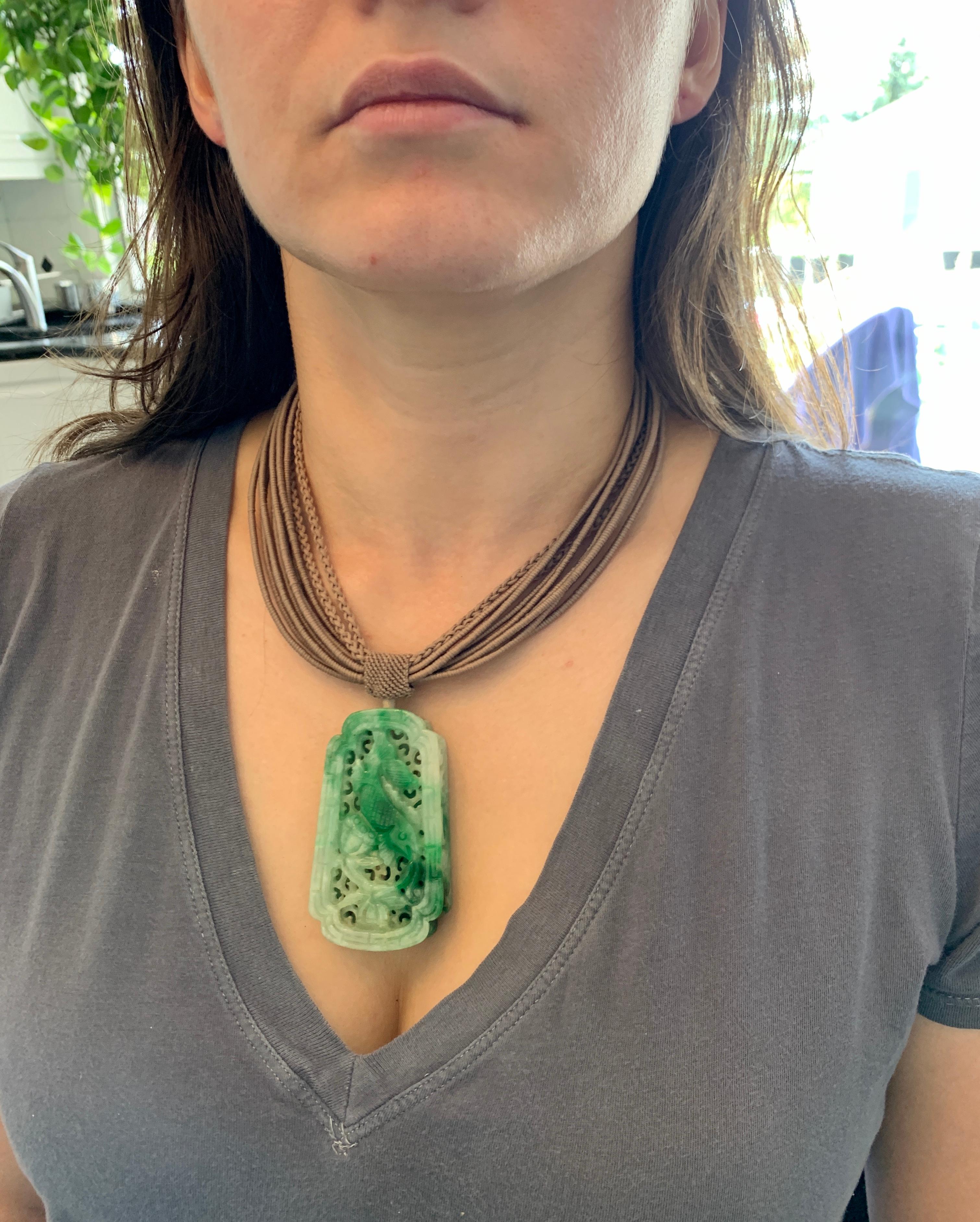 Vintage 1950s Carved Double Sided Highly Pierced Large Pendant Jade Necklace