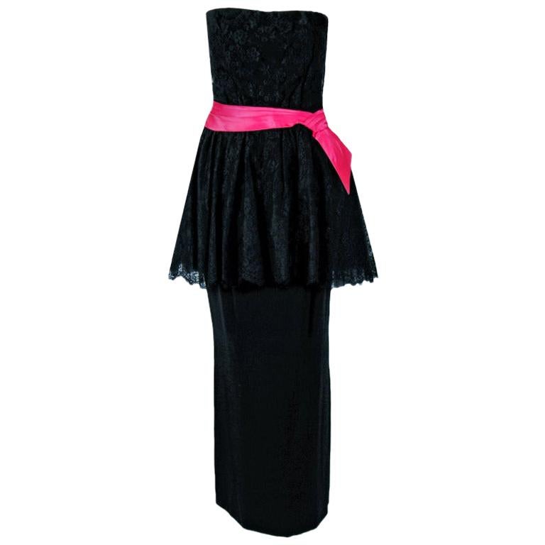 Vintage 1950's Ceil Chapman Black & Pink Lace Strapless Peplum Hourglass Gown