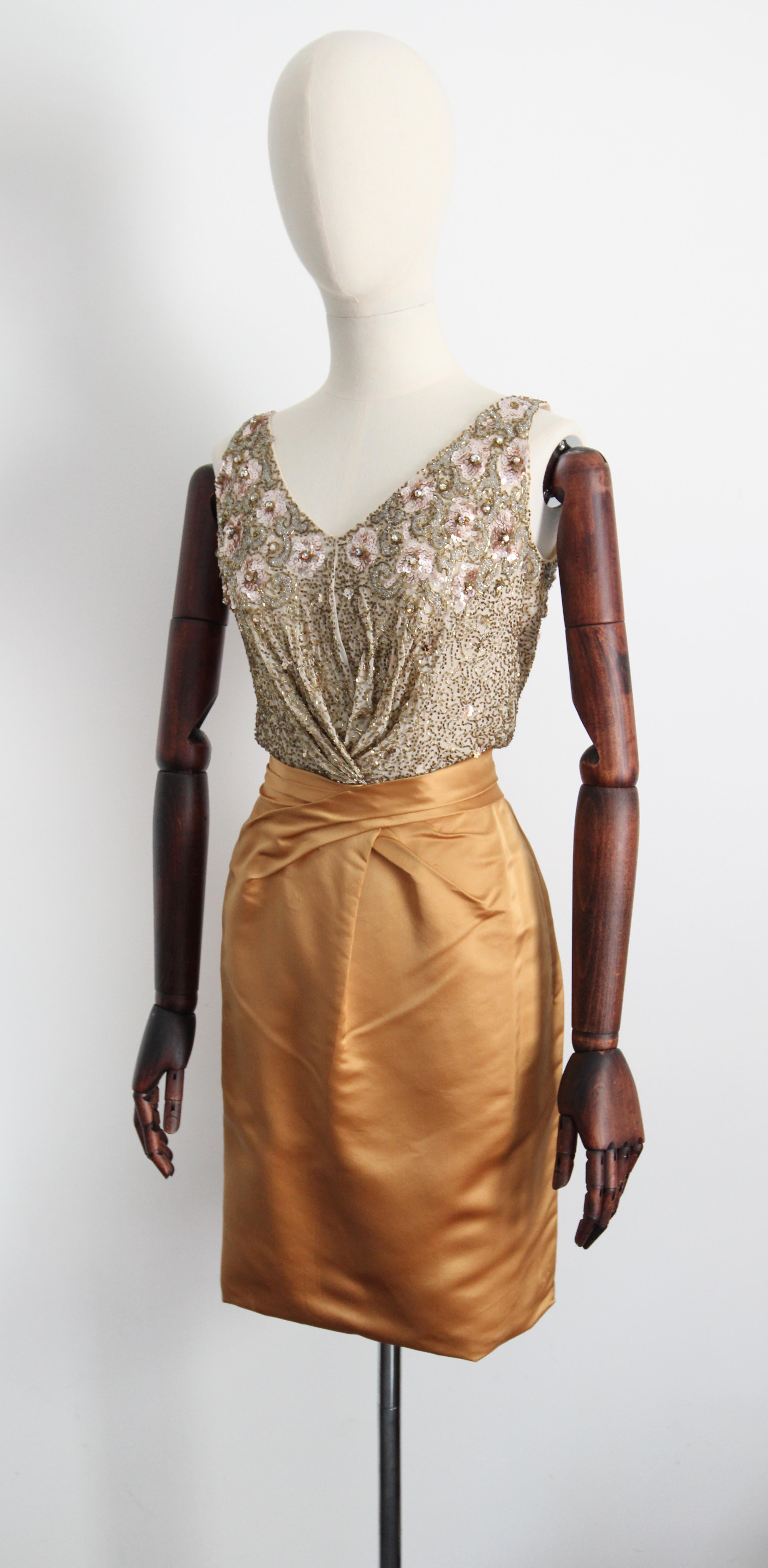 Vintage 1950's Ceil Chapman Gold Satin and Beaded Cocktail Dress UK 6 US 2 For Sale 6