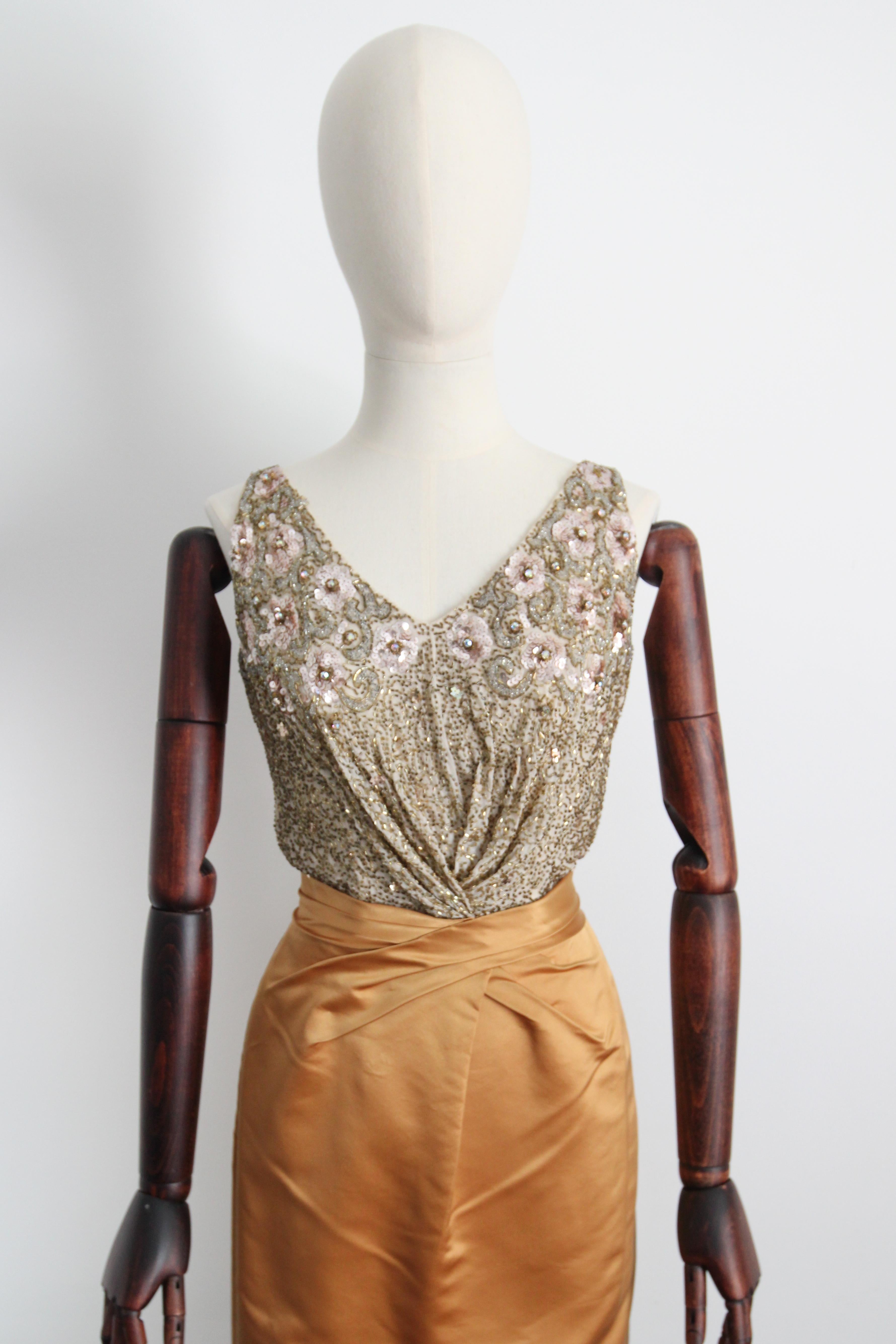 Vintage 1950's Ceil Chapman Gold Satin and Beaded Cocktail Dress UK 6 US 2 In Good Condition For Sale In Cheltenham, GB