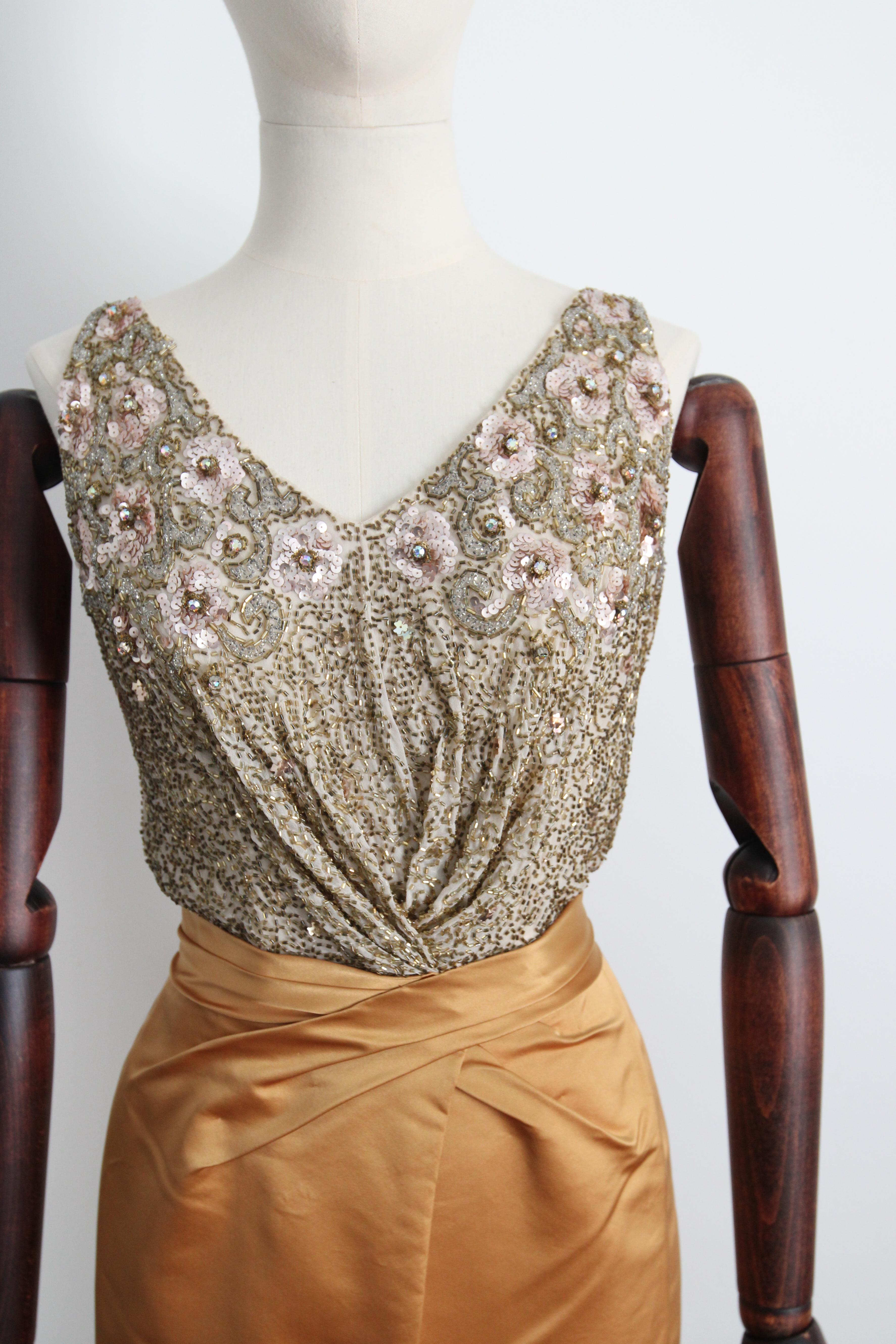 Women's or Men's Vintage 1950's Ceil Chapman Gold Satin and Beaded Cocktail Dress UK 6 US 2 For Sale