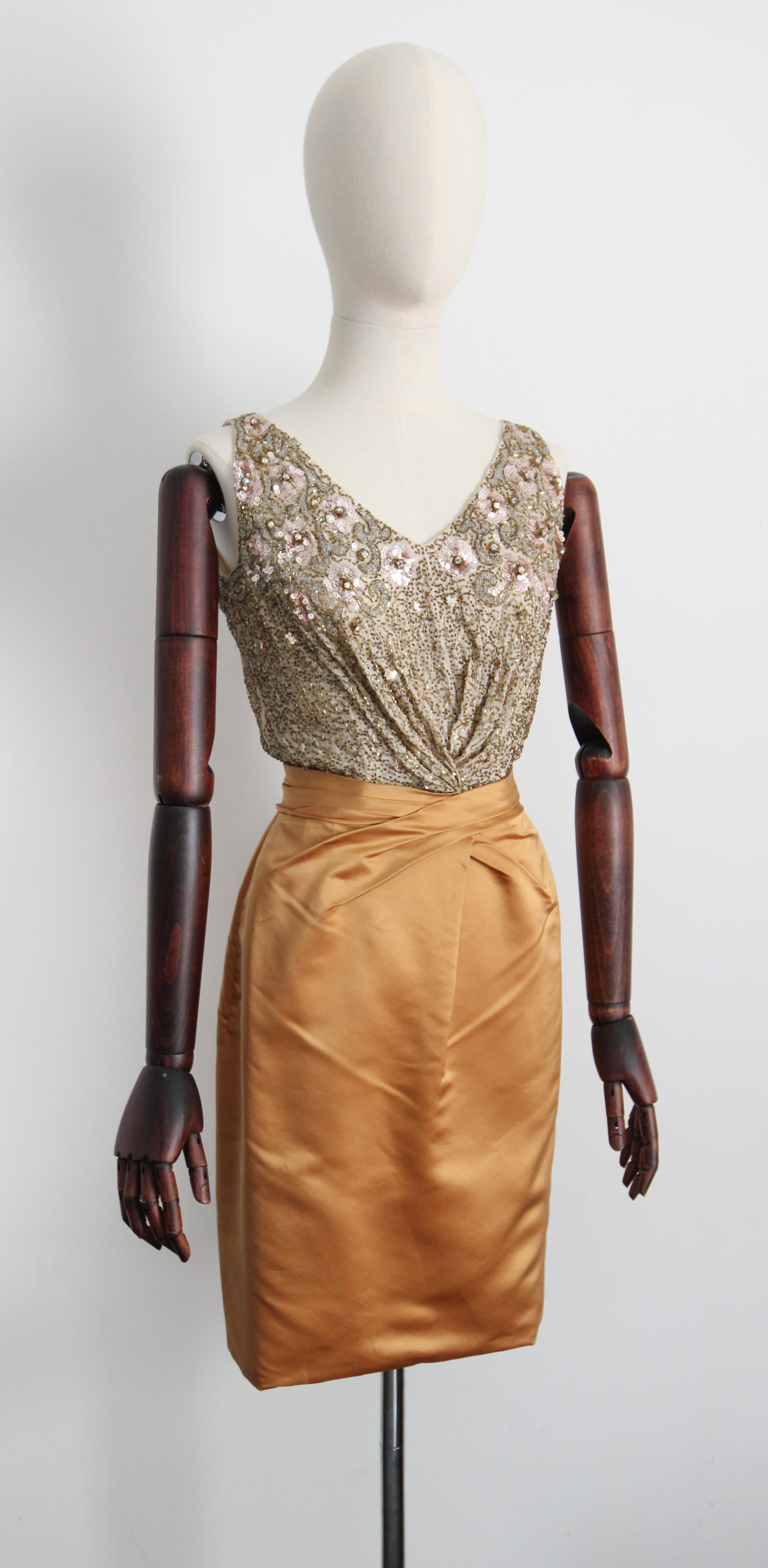 Vintage 1950's Ceil Chapman Gold Satin and Beaded Cocktail Dress UK 6 US 2 For Sale 4