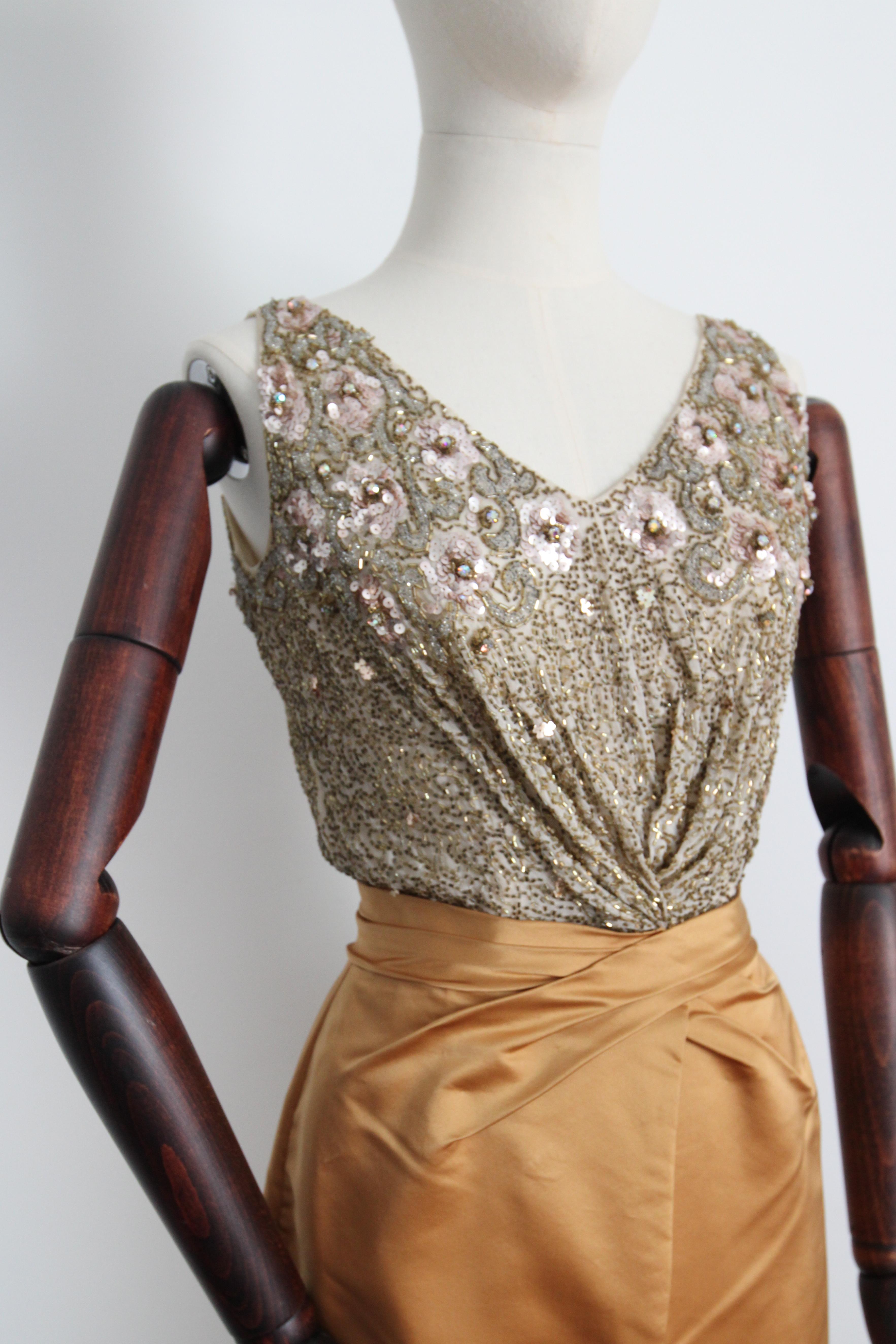 Vintage 1950's Ceil Chapman Gold Satin and Beaded Cocktail Dress UK 6 US 2 For Sale 5