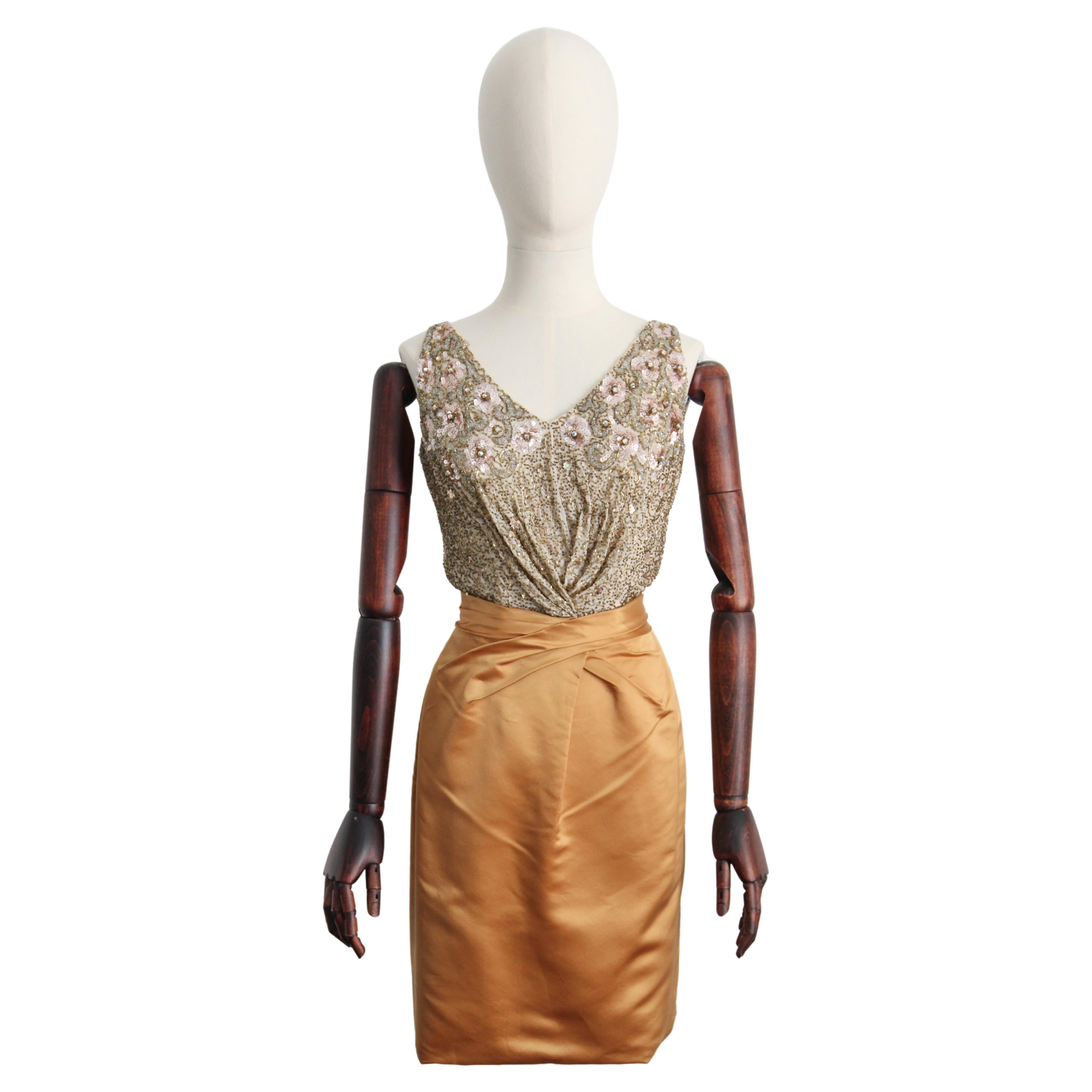 Vintage 1950's Ceil Chapman Gold Satin and Beaded Cocktail Dress UK 6 US 2 en vente