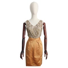 Retro 1950's Ceil Chapman Gold Satin and Beaded Cocktail Dress UK 6 US 2
