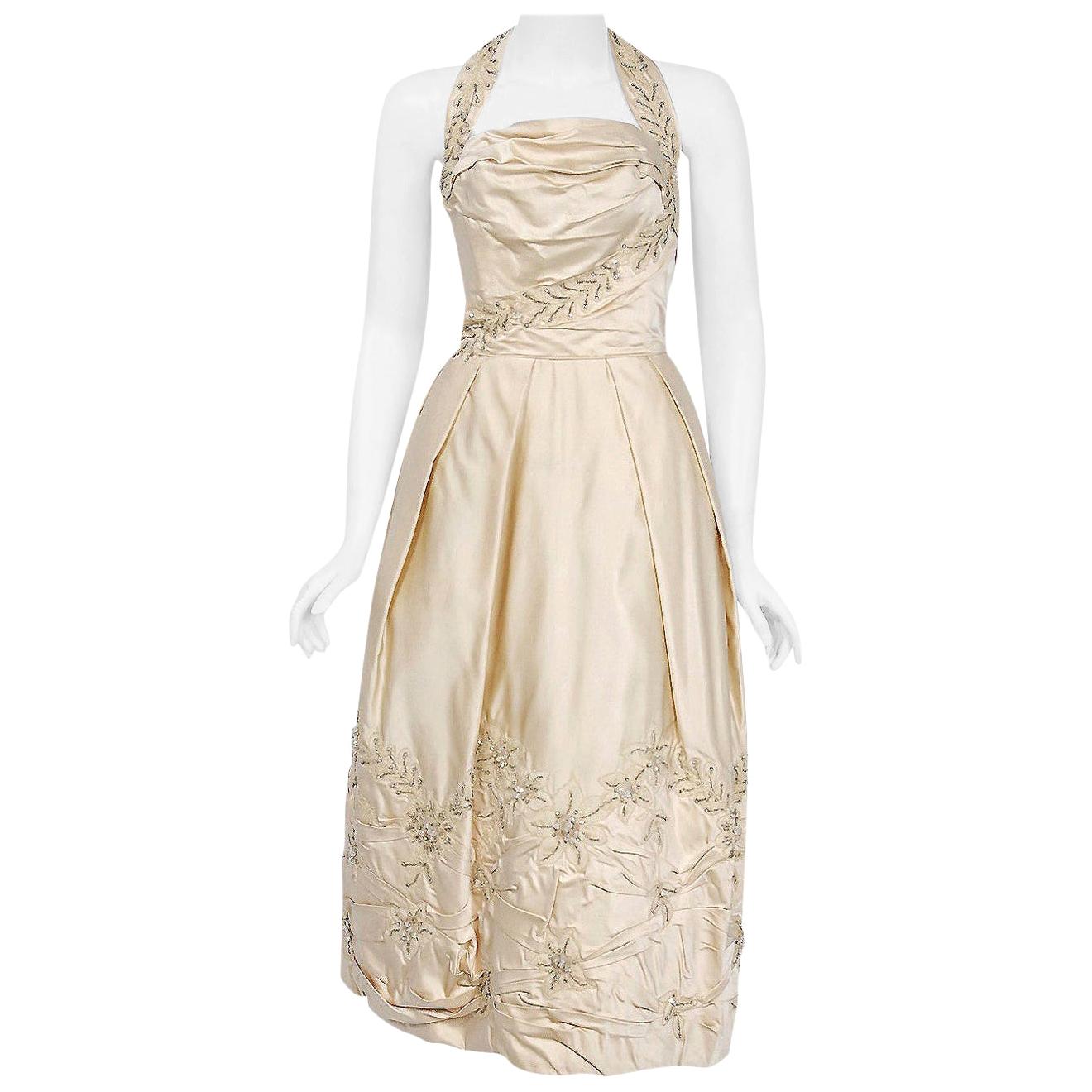 Vintage 1950's Ceil Chapman Ivory Beaded Applique Silk Satin Halter Bridal Dress