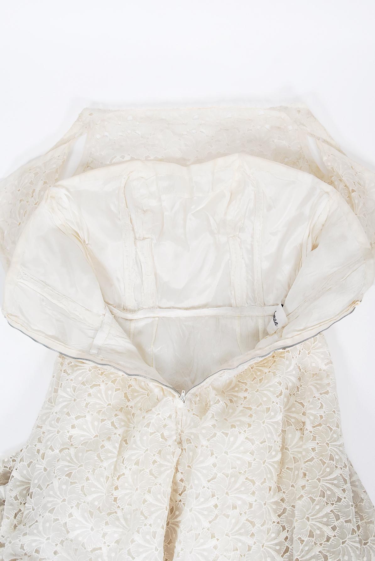 Vintage 1950's Ceil Chapman Ivory Embroidered Eyelet Cotton Tiered Bridal Dress For Sale 4