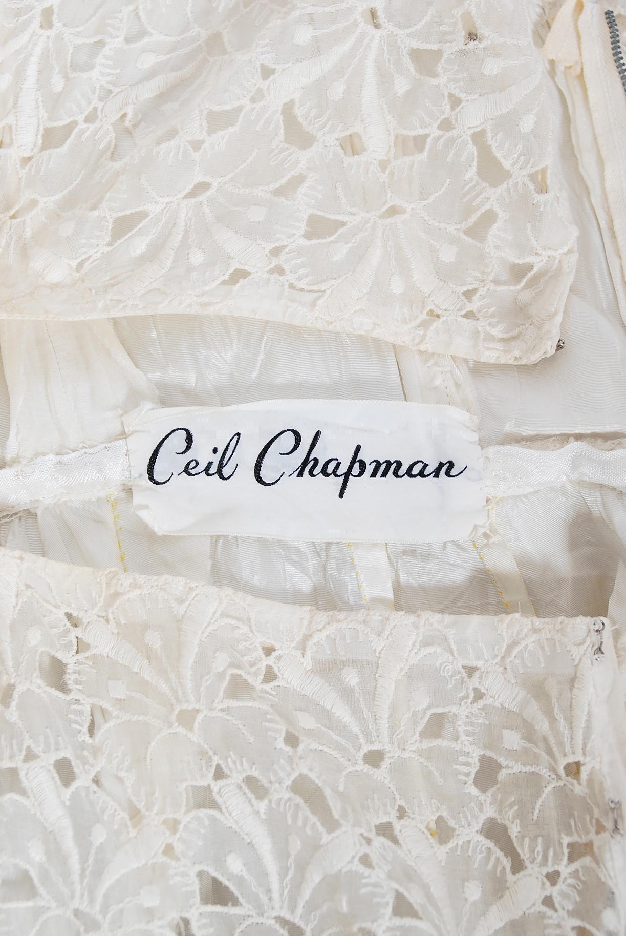 Vintage 1950's Ceil Chapman Ivory Embroidered Eyelet Cotton Tiered Bridal Dress For Sale 5