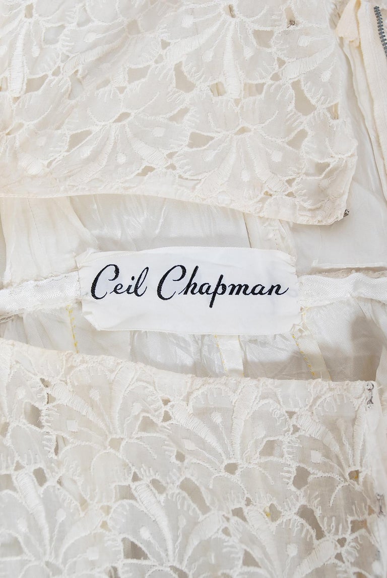 Vintage 1950's Ceil Chapman Ivory Embroidered Eyelet Cotton Tiered Bridal Dress For Sale 6