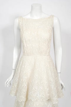 1950's Ceil Chapman Ivory Embroidered Eyelet Cotton Tiered Bridal Cocktail Dress