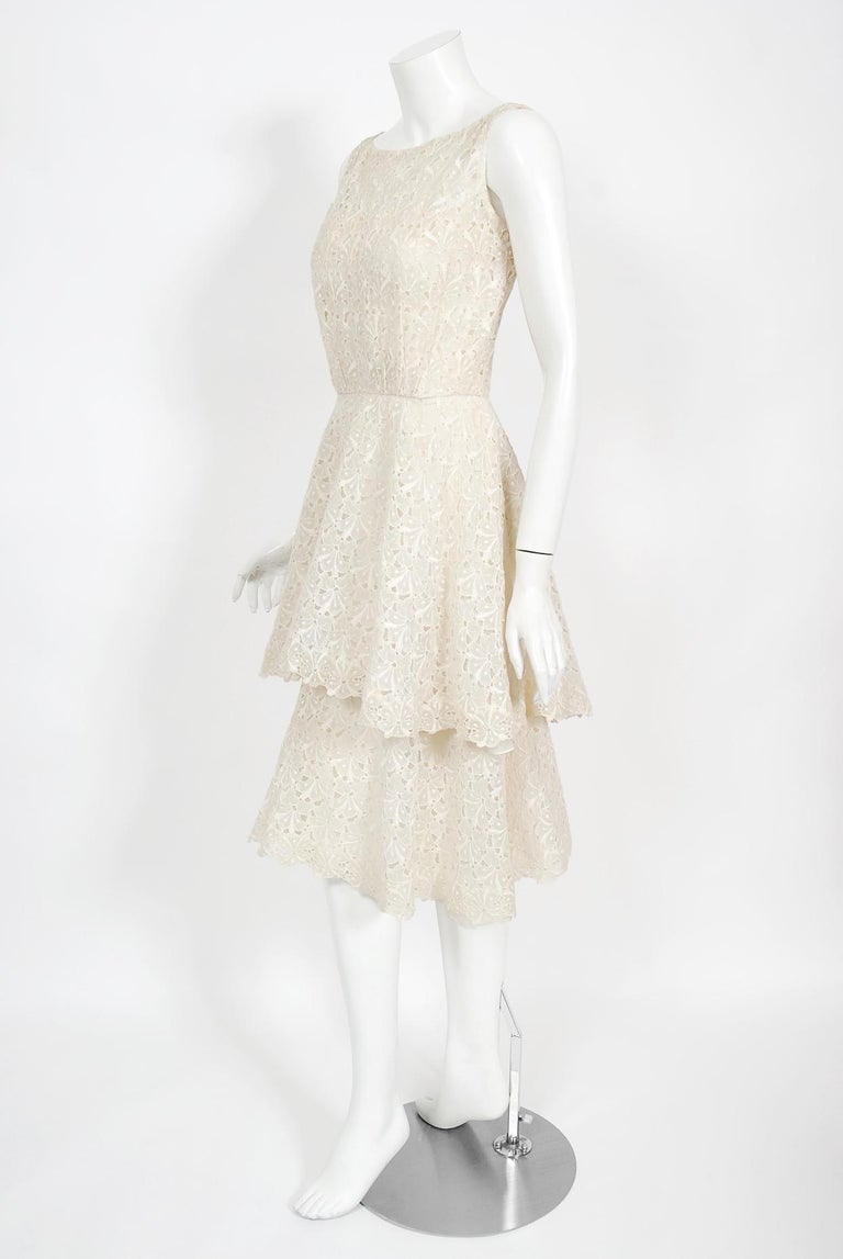 Beige Vintage 1950's Ceil Chapman Ivory Embroidered Eyelet Cotton Tiered Bridal Dress For Sale