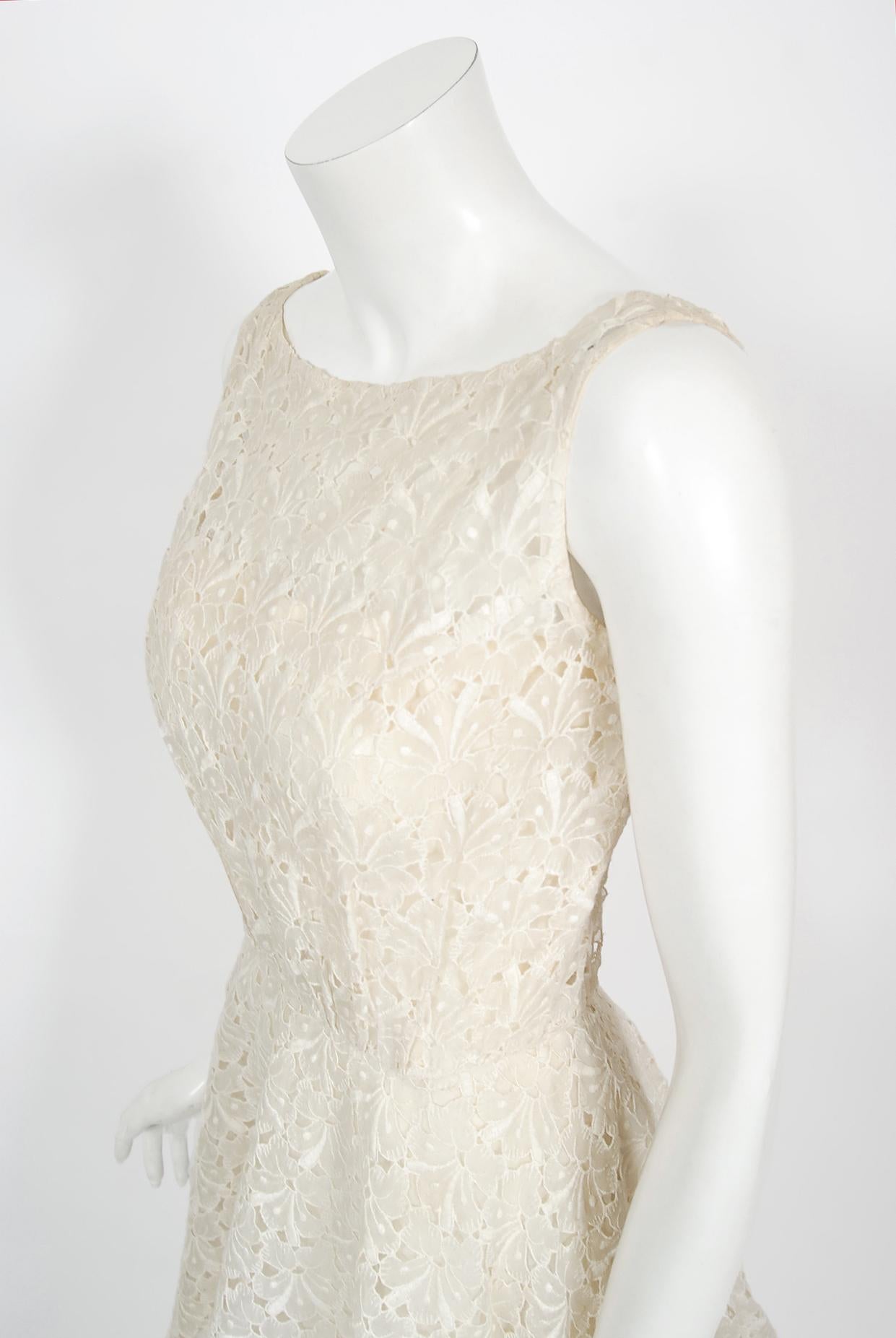 Beige 1950's Ceil Chapman Ivory Embroidered Eyelet Cotton Tiered Bridal Cocktail Dress For Sale