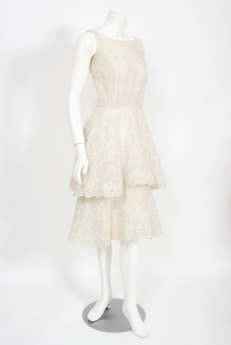Vintage 1950's Ceil Chapman Ivory Embroidered Eyelet Cotton Tiered Bridal Dress For Sale 2