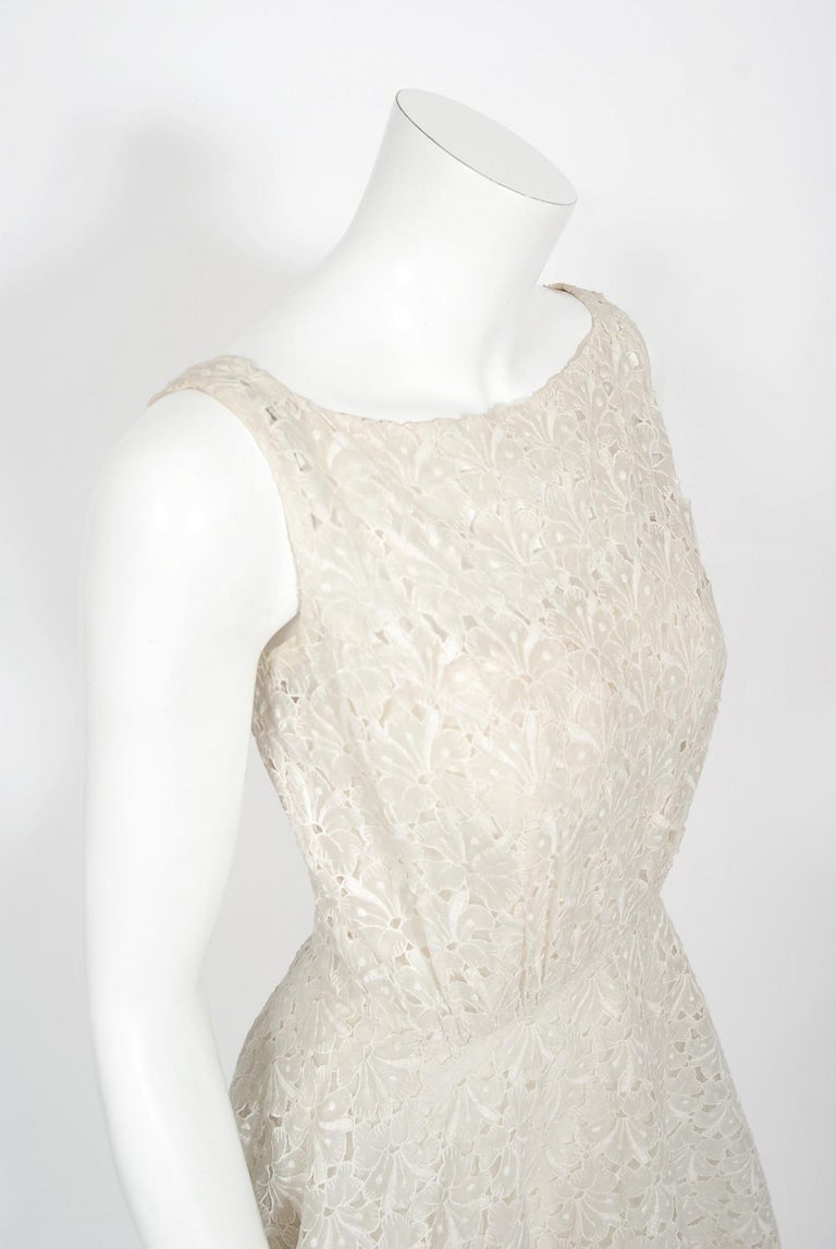 Vintage 1950's Ceil Chapman Ivory Embroidered Eyelet Cotton Tiered Bridal Dress For Sale 3