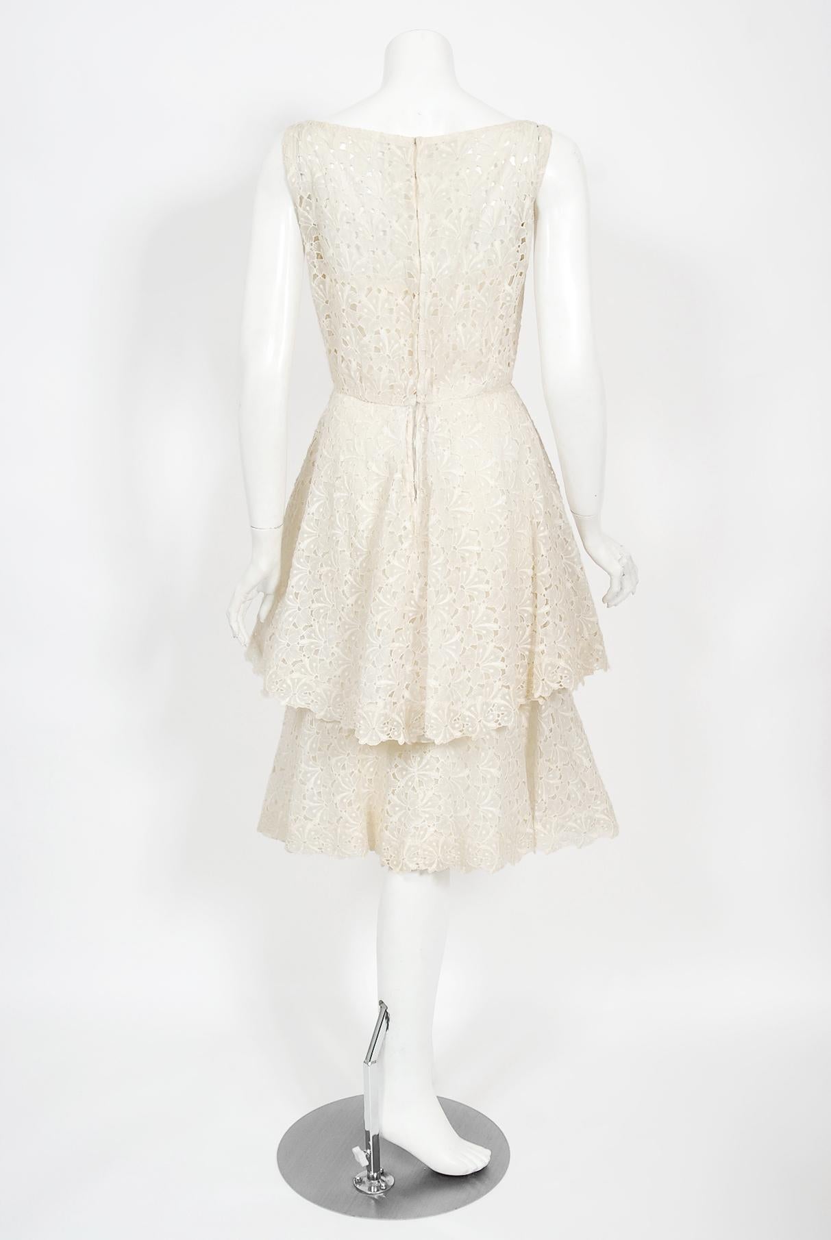 Vintage 1950's Ceil Chapman Ivory Embroidered Eyelet Cotton Tiered Bridal Dress For Sale 3