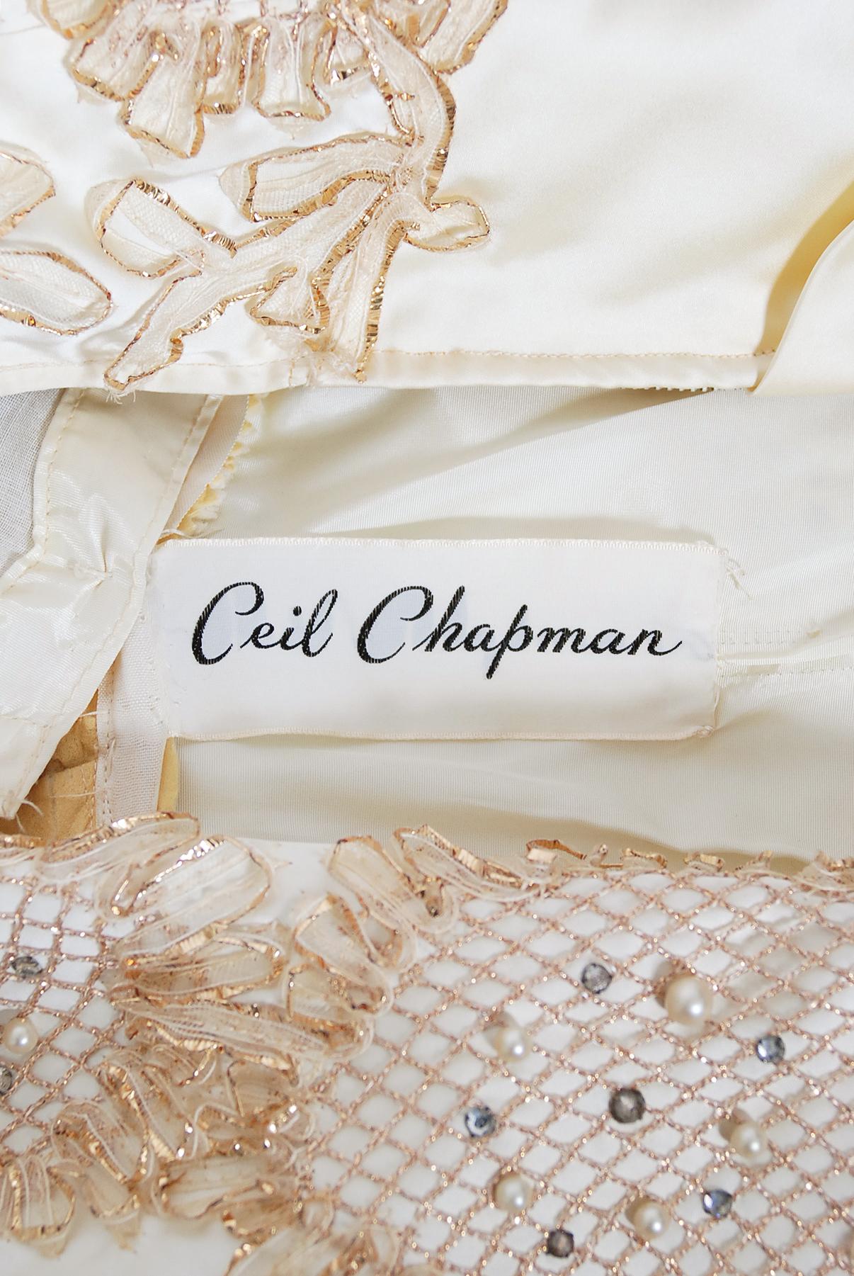 Vintage 1950's Ceil Chapman Ivory Satin Rhinestone Beaded Metallic Ribbon Dress 4