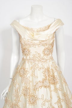 Vintage 1950's Ceil Chapman Ivory Satin Rhinestone Beaded Metallic Ribbon Dress