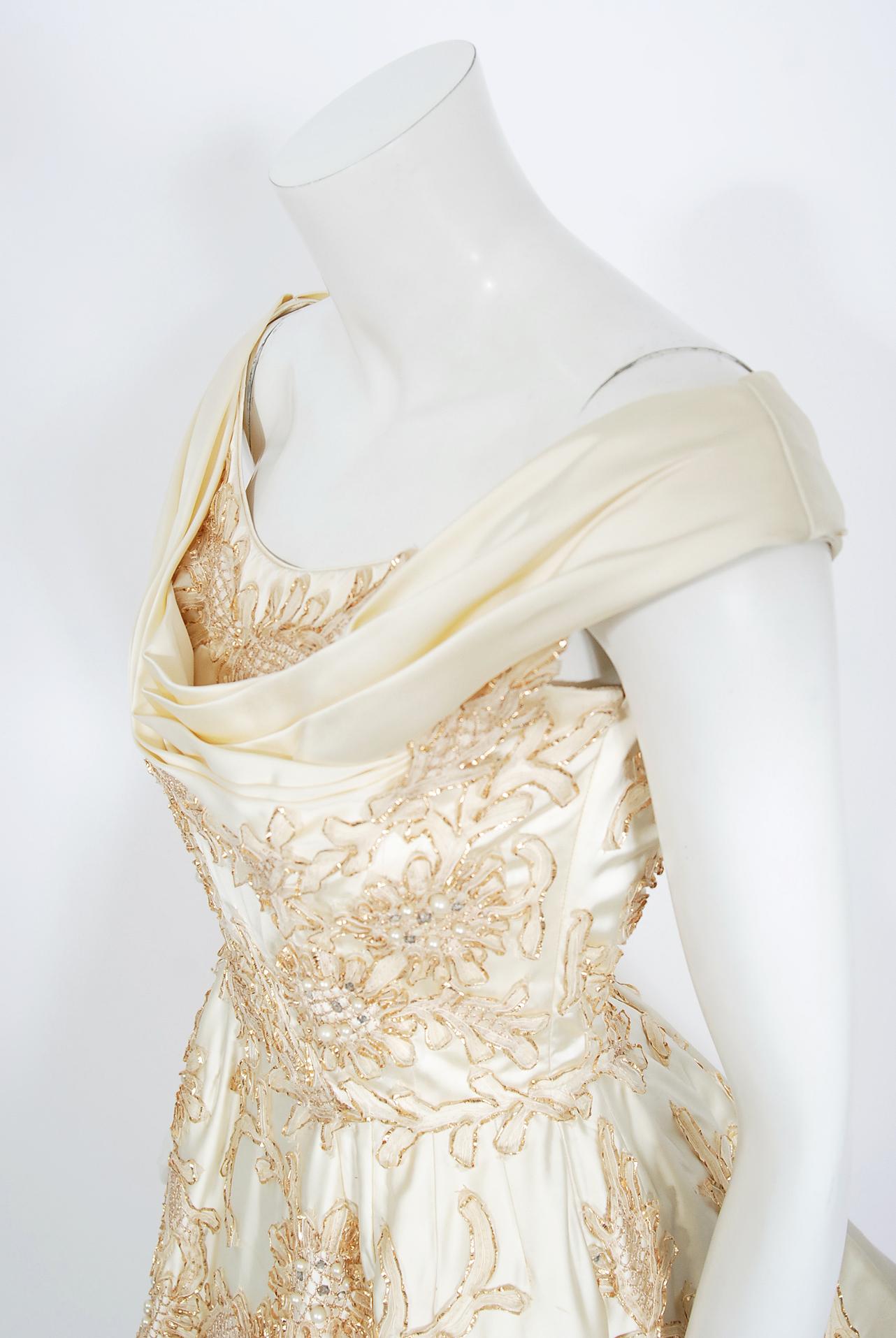 White Vintage 1950's Ceil Chapman Ivory Satin Rhinestone Beaded Metallic Ribbon Dress