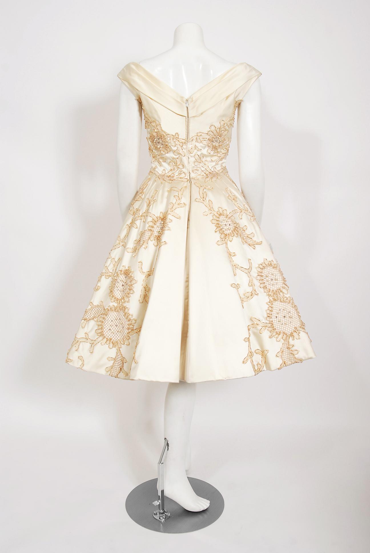 Vintage 1950's Ceil Chapman Ivory Satin Rhinestone Beaded Metallic Ribbon Dress 1