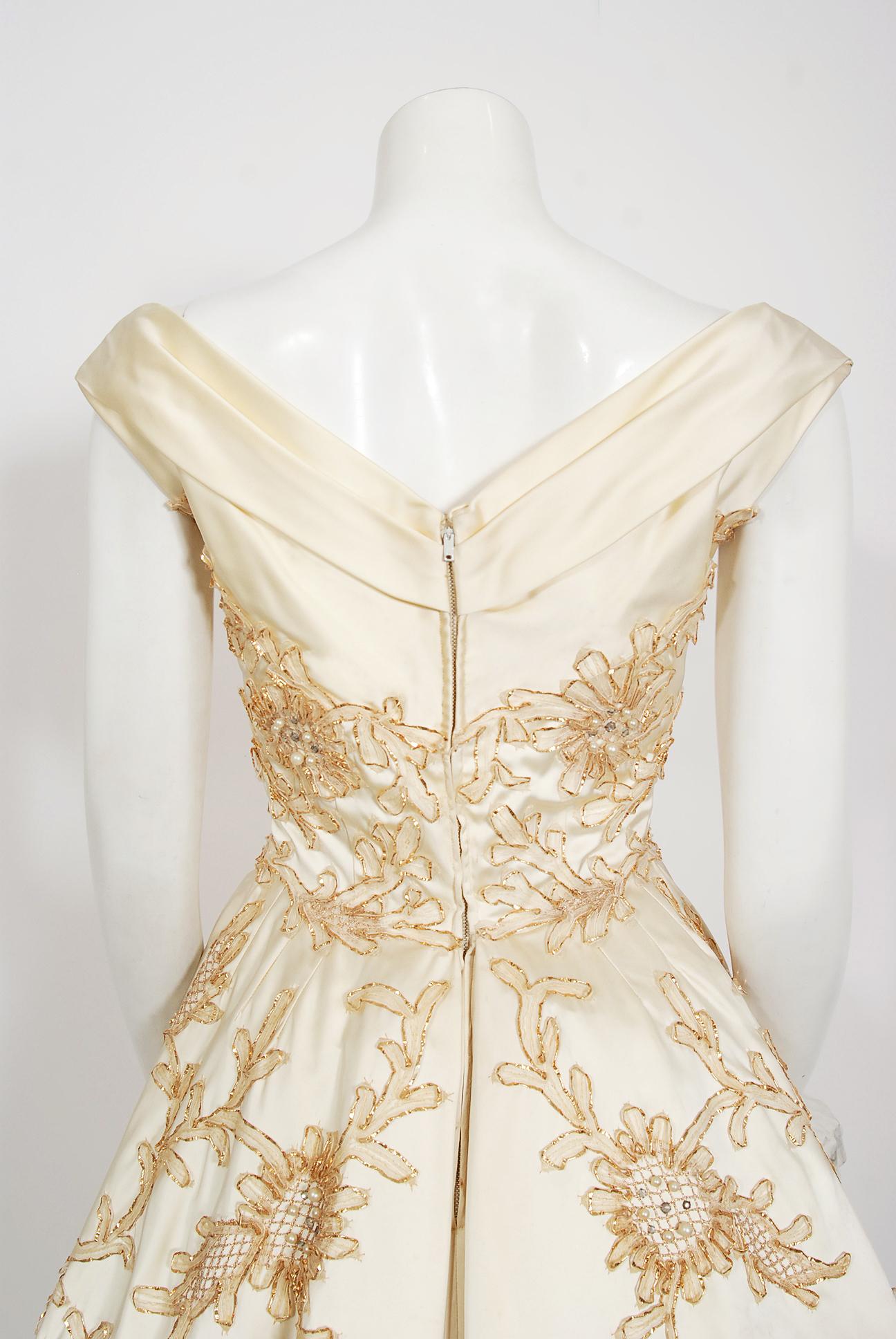 Vintage 1950's Ceil Chapman Ivory Satin Rhinestone Beaded Metallic Ribbon Dress 2