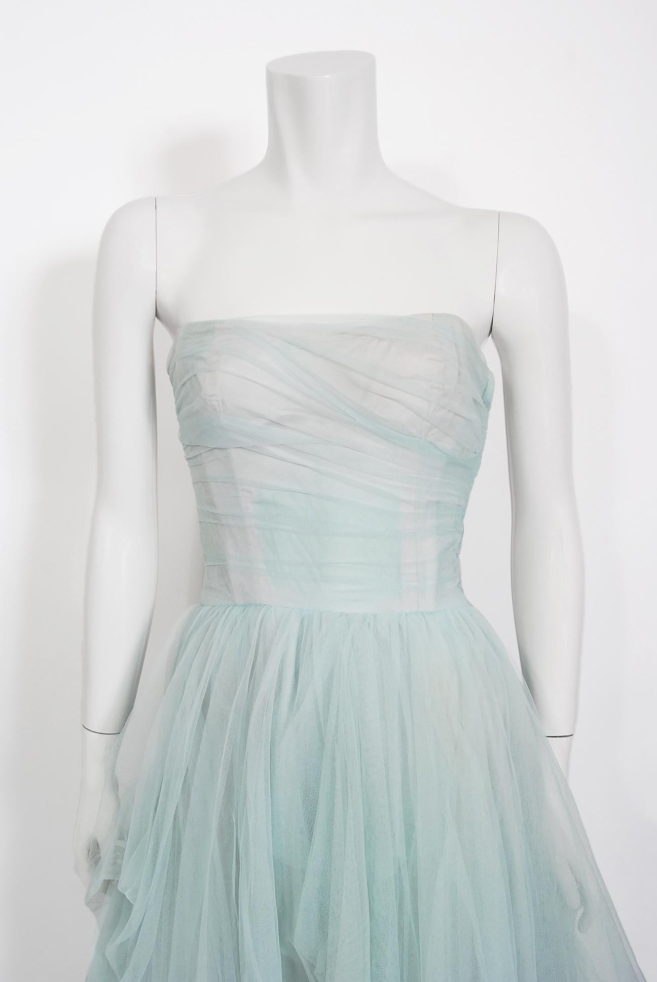 Gray Vintage 1950's Ceil Chapman Light-Blue Tulle Strapless Ruched Full-Length Gown