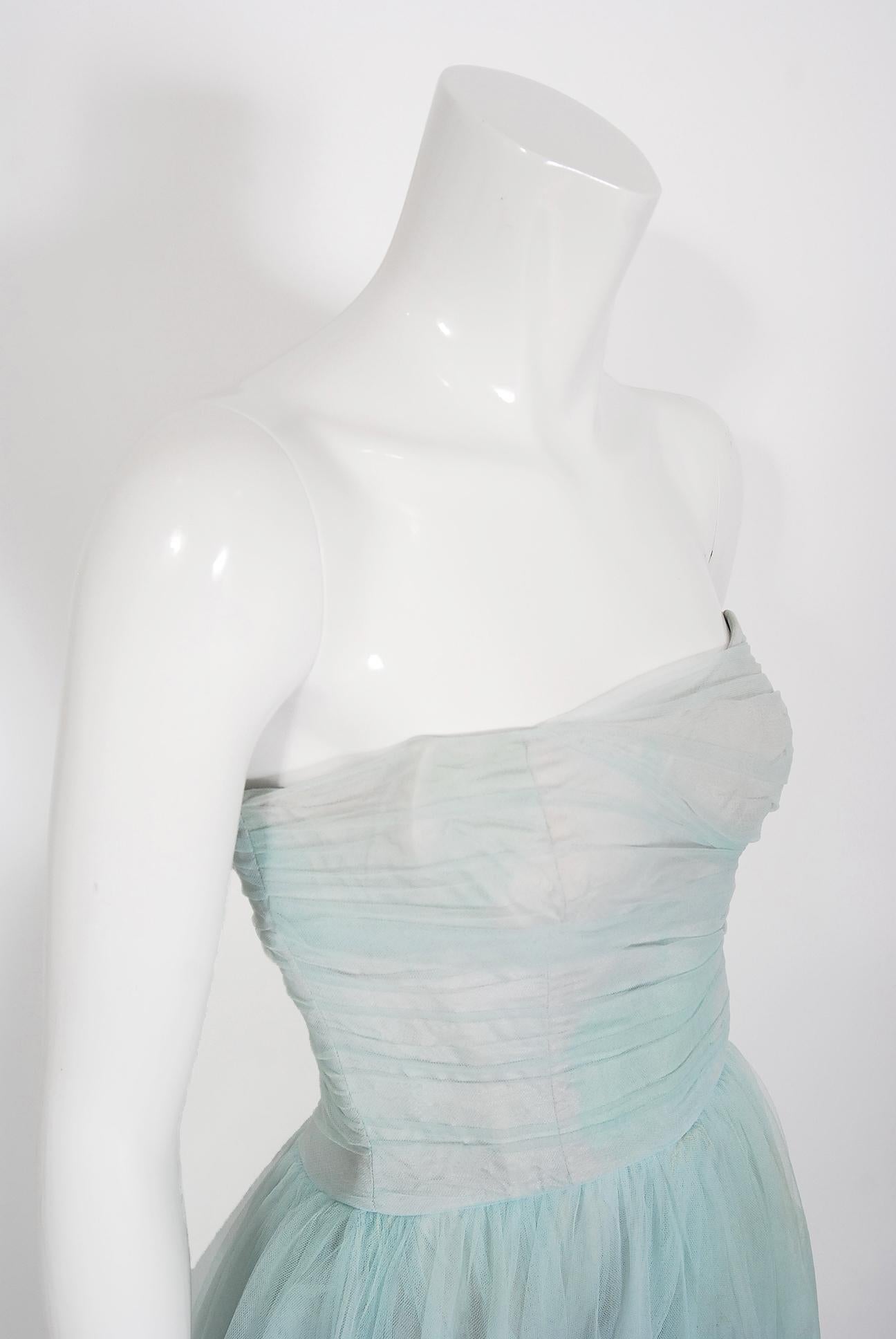 Vintage 1950's Ceil Chapman Light-Blue Tulle Strapless Ruched Full-Length Gown In Good Condition In Beverly Hills, CA