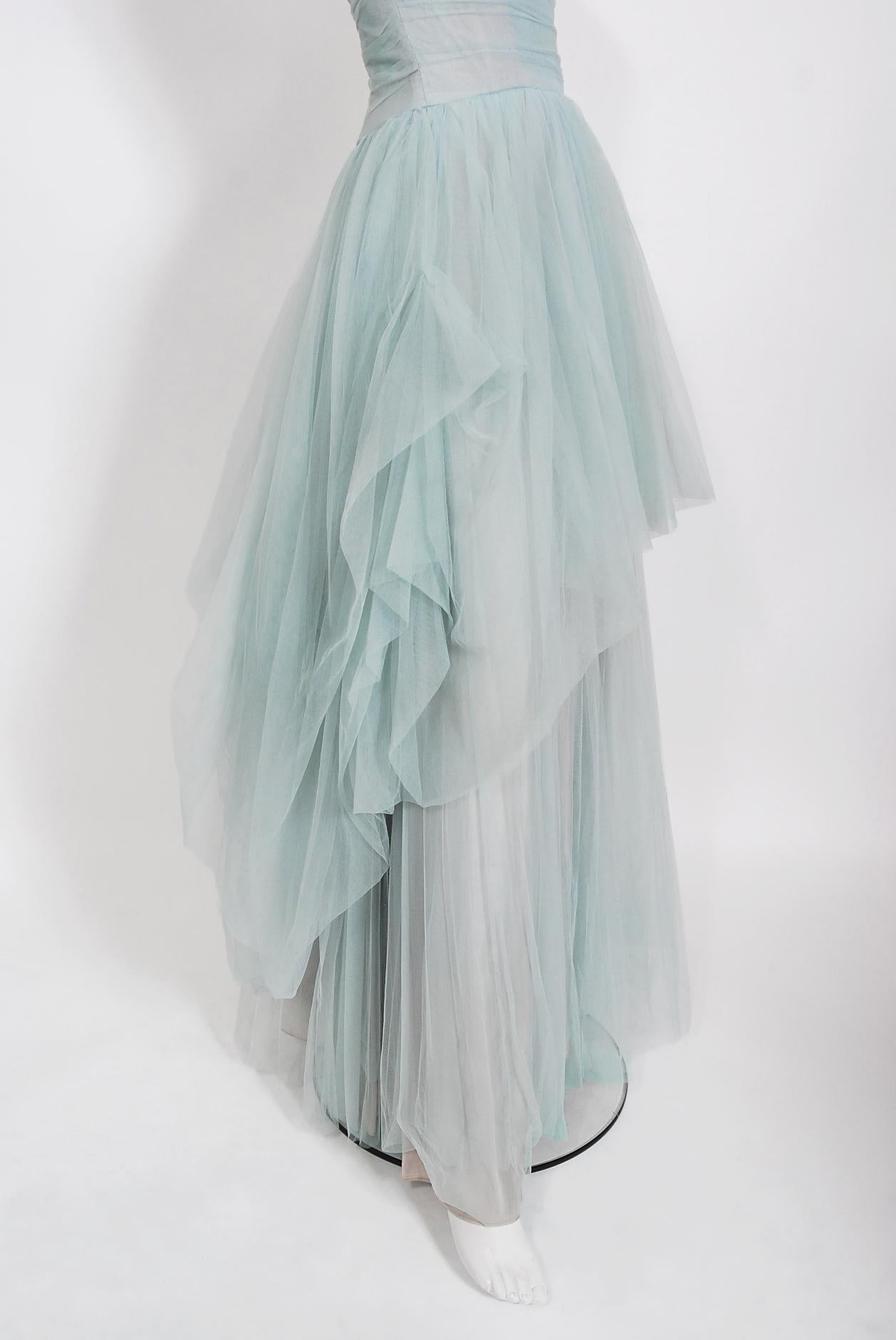Women's Vintage 1950's Ceil Chapman Light-Blue Tulle Strapless Ruched Full-Length Gown