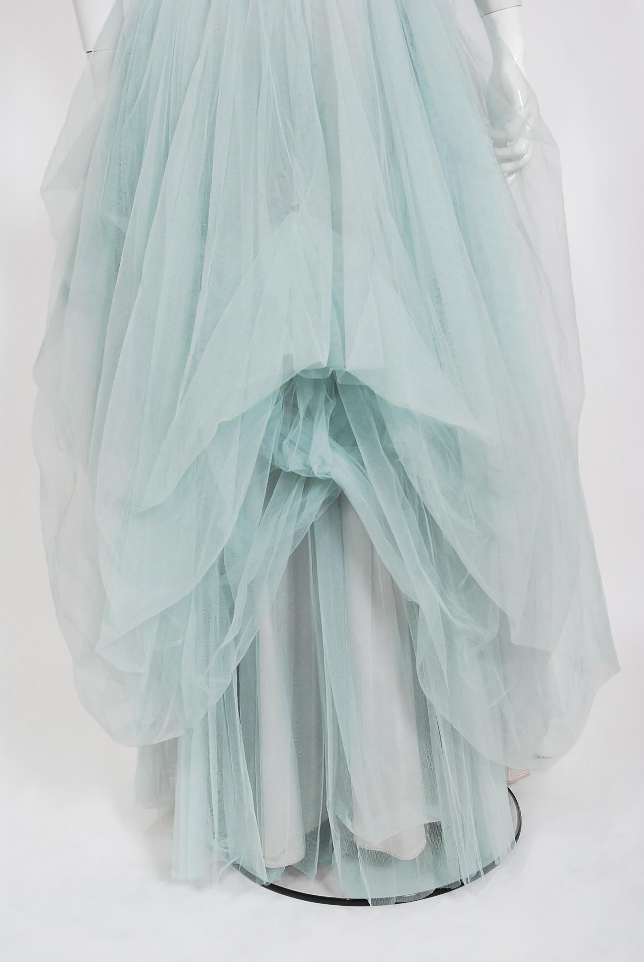 Vintage 1950's Ceil Chapman Light-Blue Tulle Strapless Ruched Full-Length Gown 1