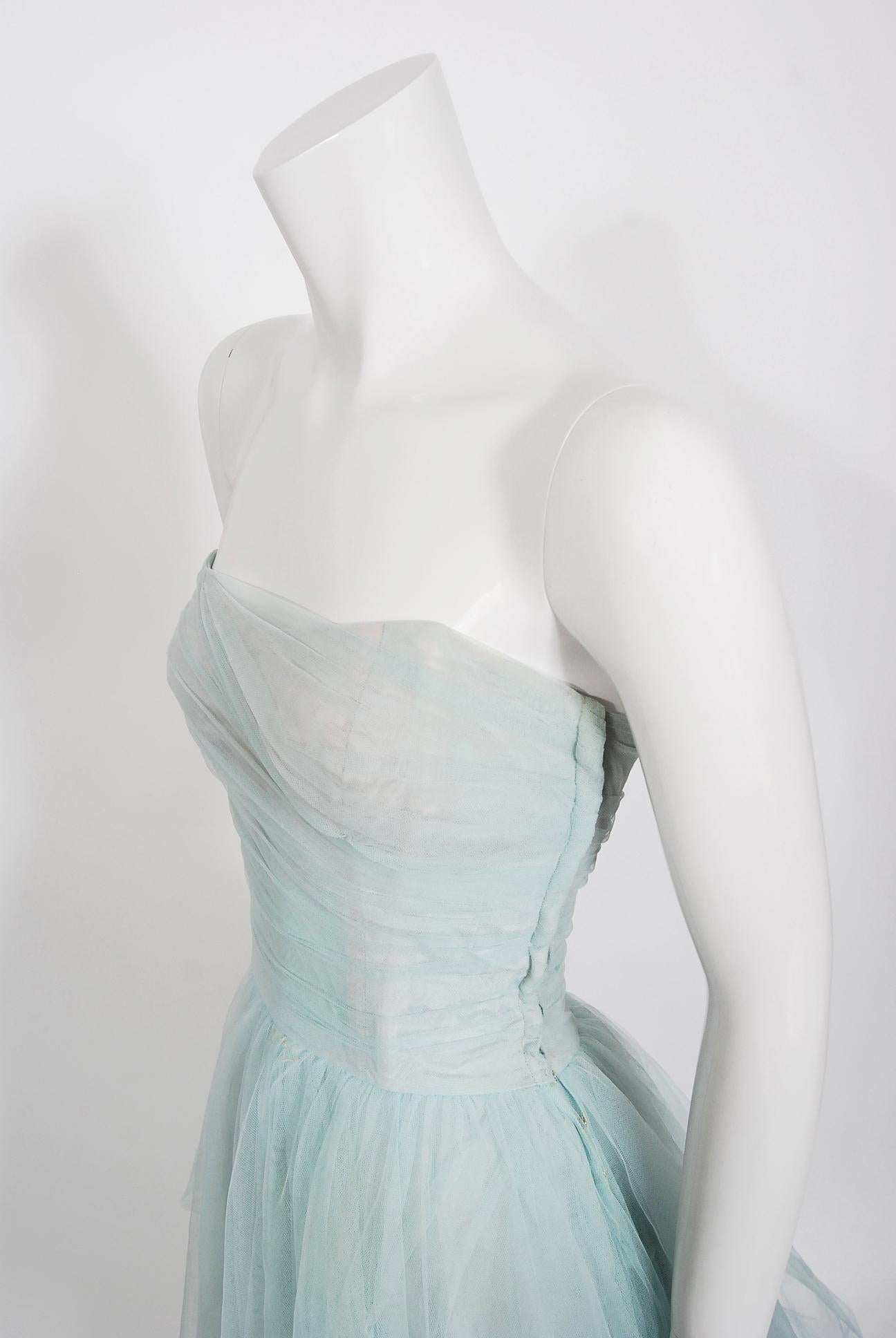 Vintage 1950's Ceil Chapman Light-Blue Tulle Strapless Ruched Full-Length Gown 2