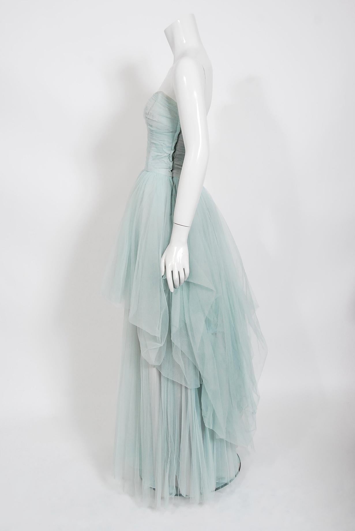 Vintage 1950's Ceil Chapman Light-Blue Tulle Strapless Ruched Full-Length Gown 3