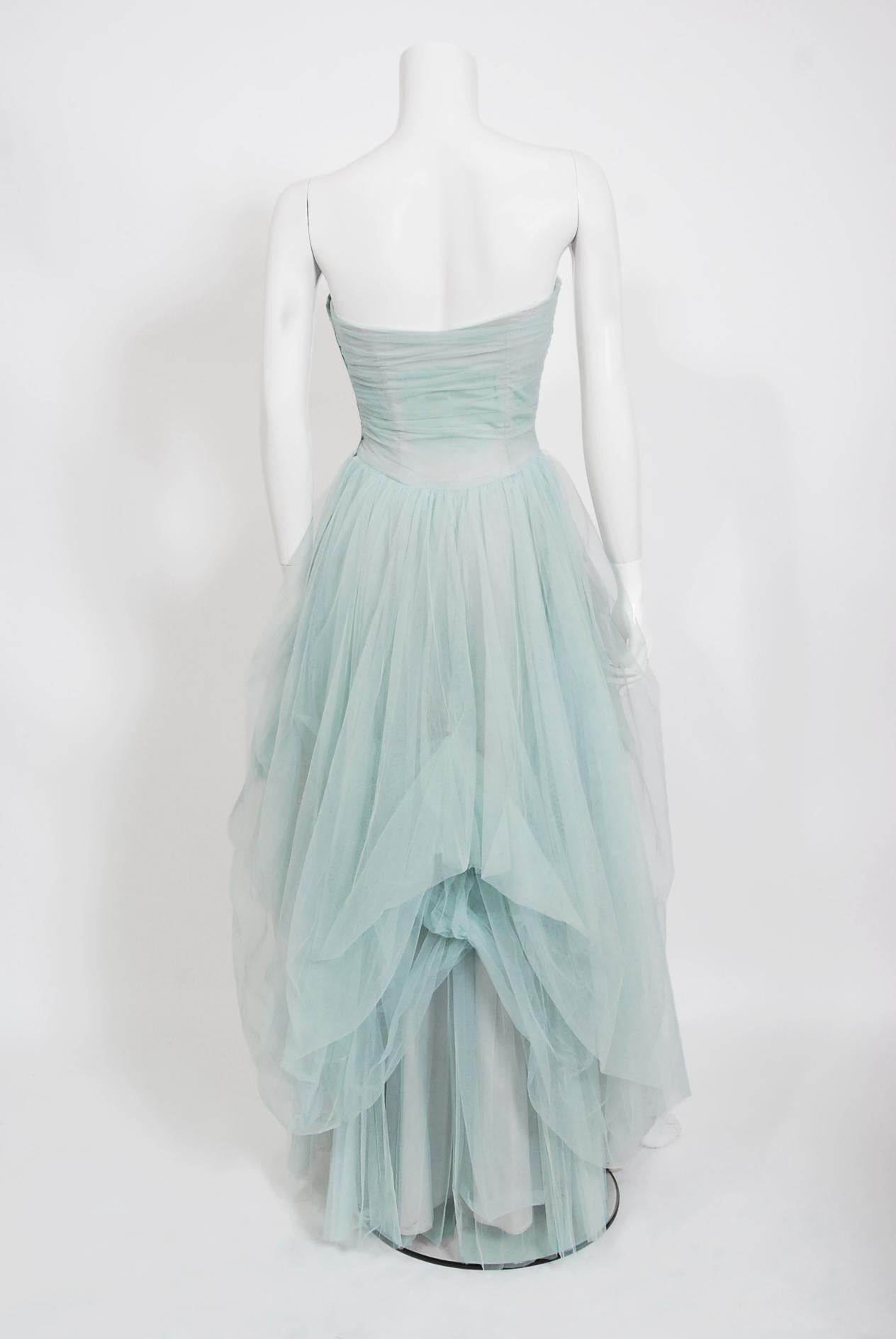 Vintage 1950's Ceil Chapman Light-Blue Tulle Strapless Ruched Full-Length Gown 4