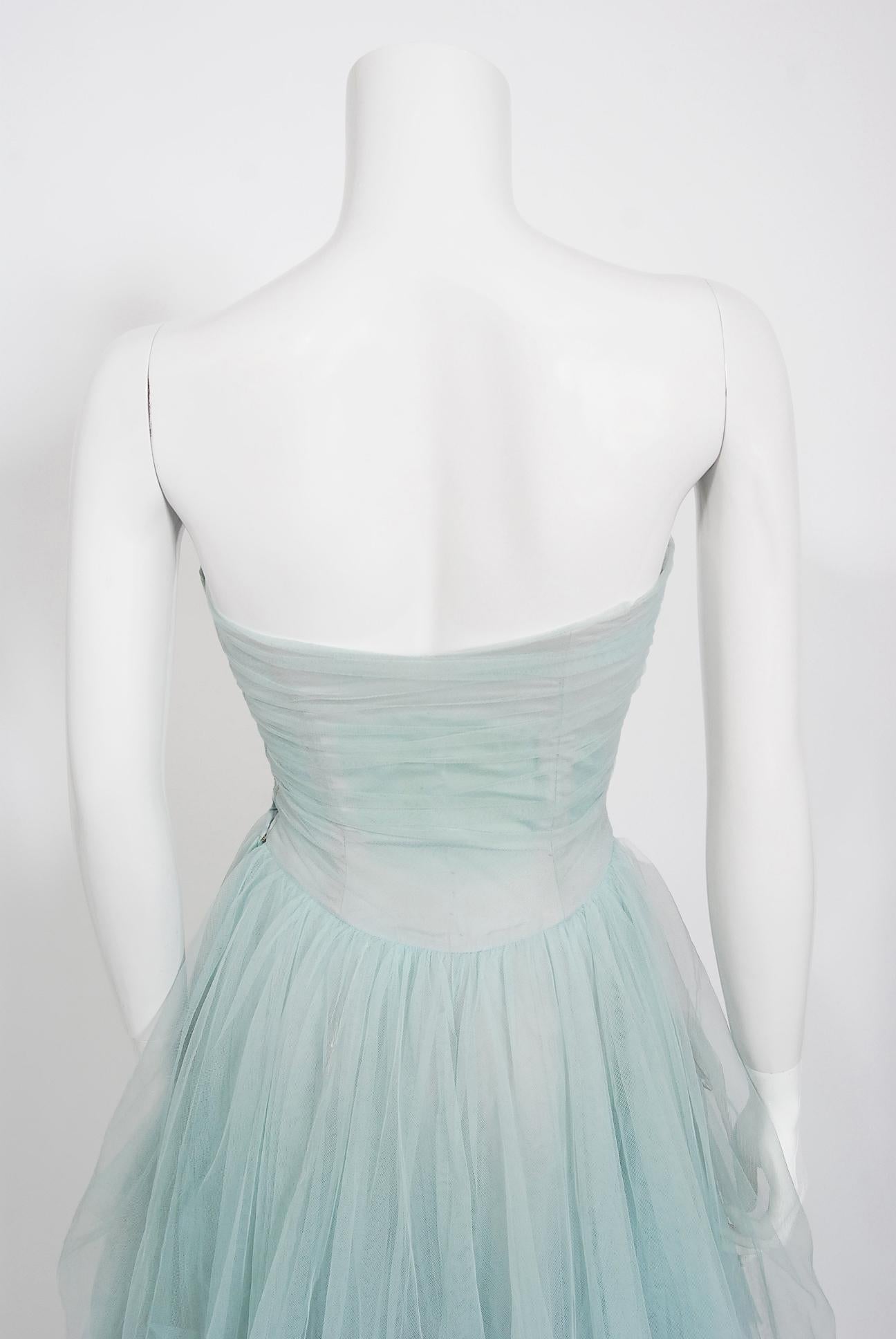 Vintage 1950's Ceil Chapman Light-Blue Tulle Strapless Ruched Full-Length Gown 5