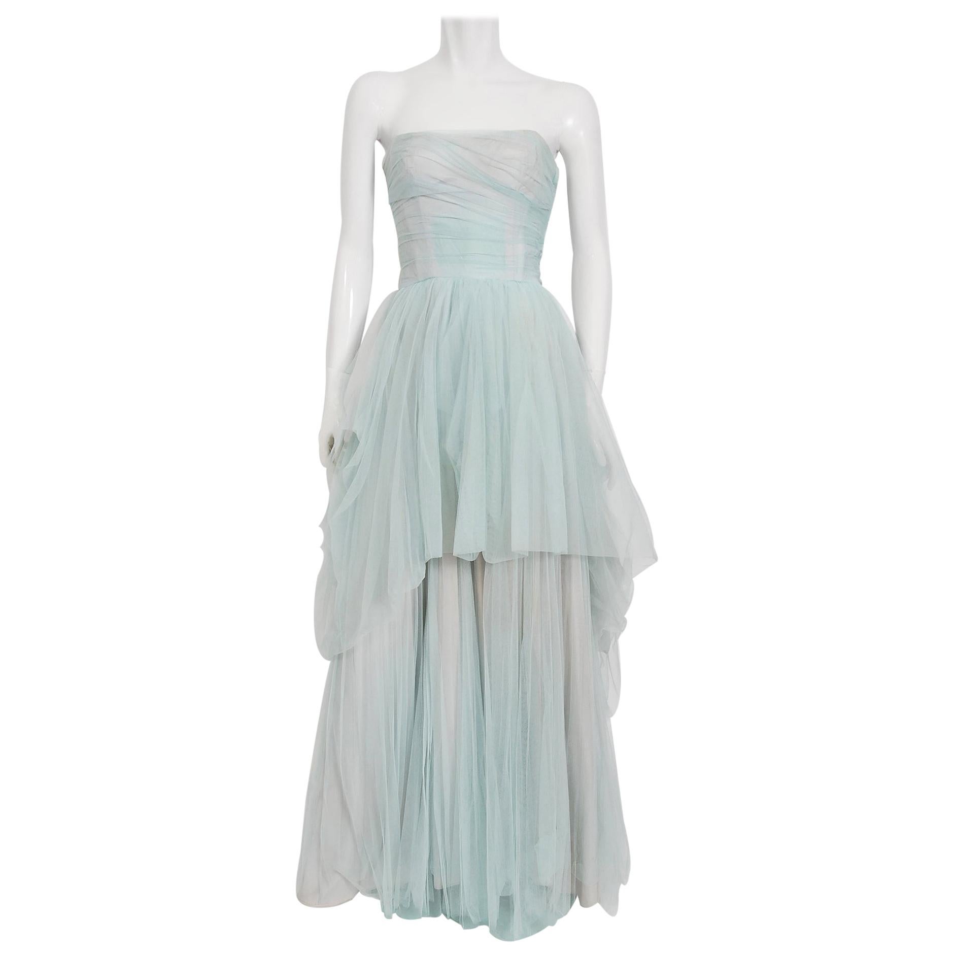 Vintage 1950's Ceil Chapman Light-Blue Tulle Strapless Ruched Full-Length Gown