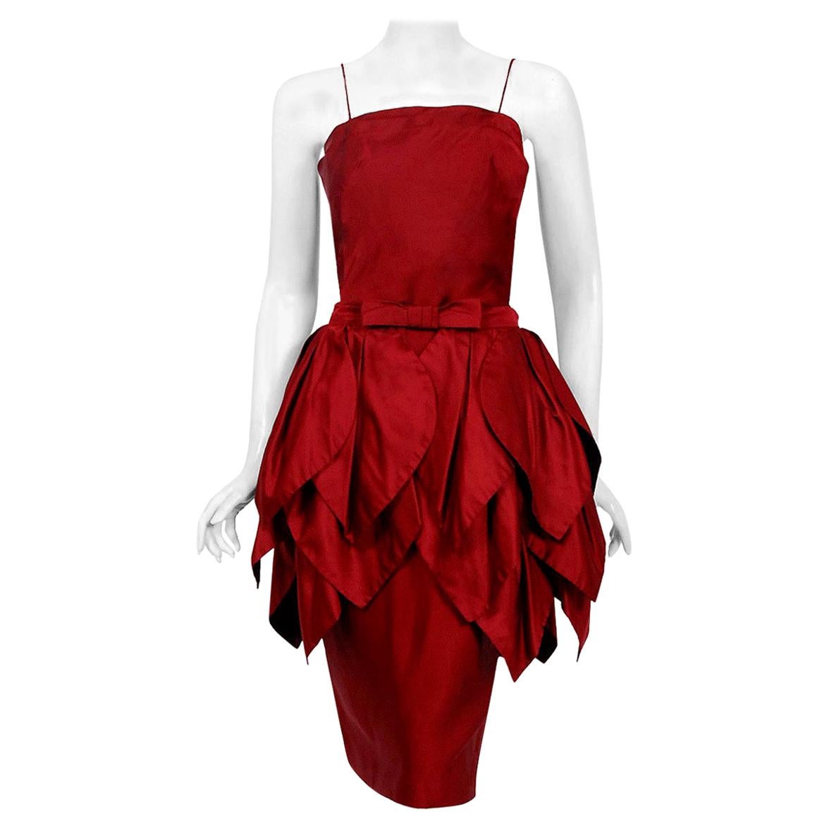Vintage 1950's Ceil Chapman Merlot Red Silk Tiered Petal Detachable-Skirt Dress